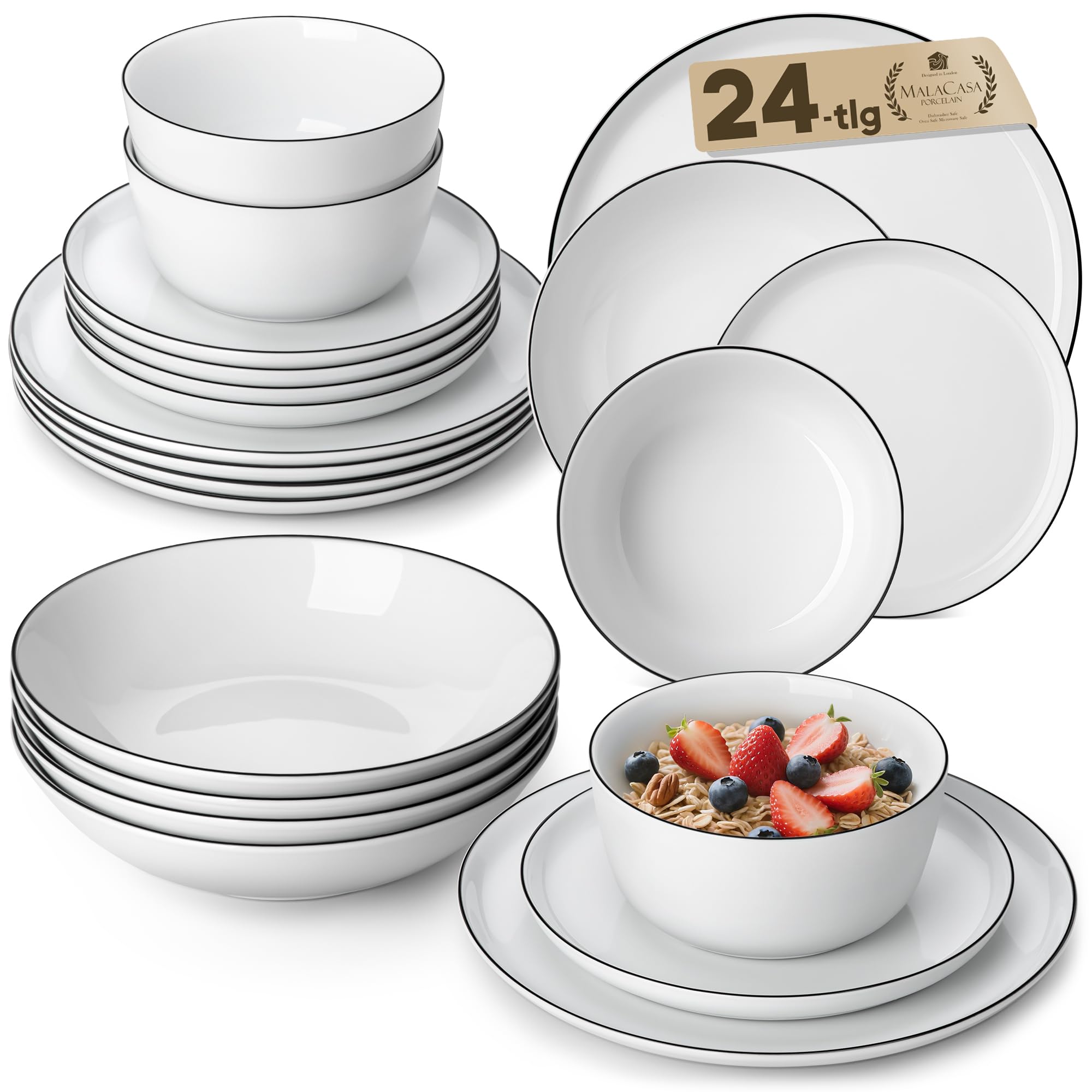 MALACASA 24 Pieces Gourmet Porcelain Dinnerware Sets, Premium Plates and Bowls Set, High-Fired Dishes Set for 6, Chip & Scratch Resistant, Microwave Dishwasher Safe, White & Black Rim, Series Lexi