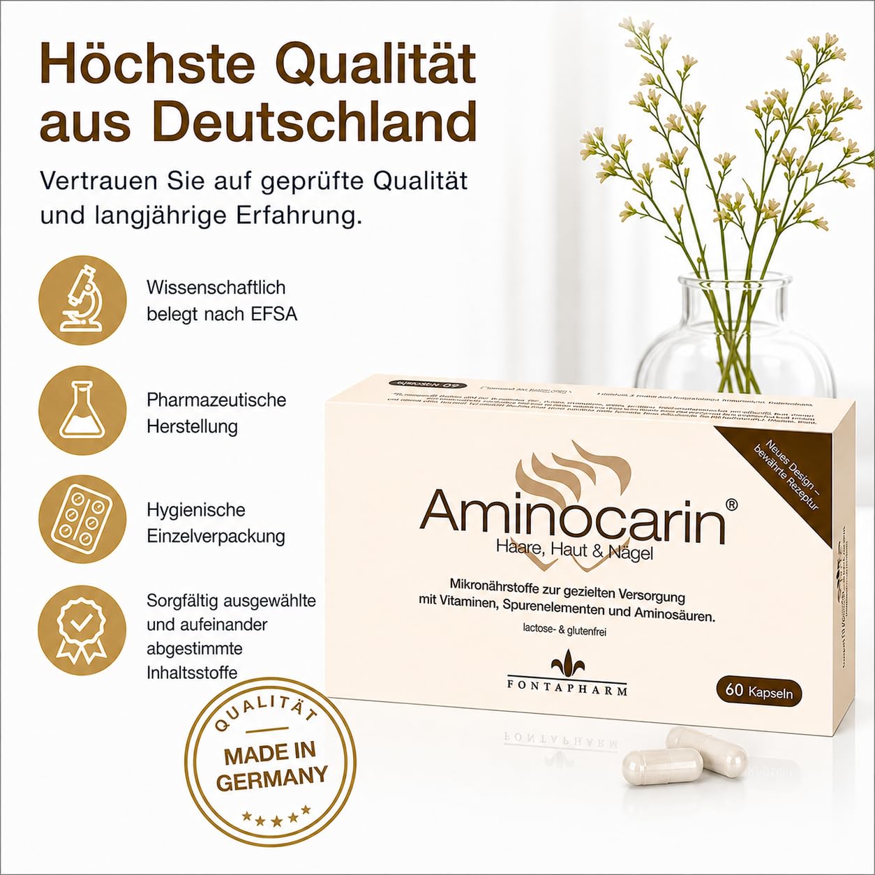 Kapseln für Haare, Haut & Nägel mit Biotin, Selen, Zink & Collagen - Vitamine A, C & B-Komplex - Hochdosierter Nährstoffkomplex mit 14 Wirkstoffen - 60 Stück.