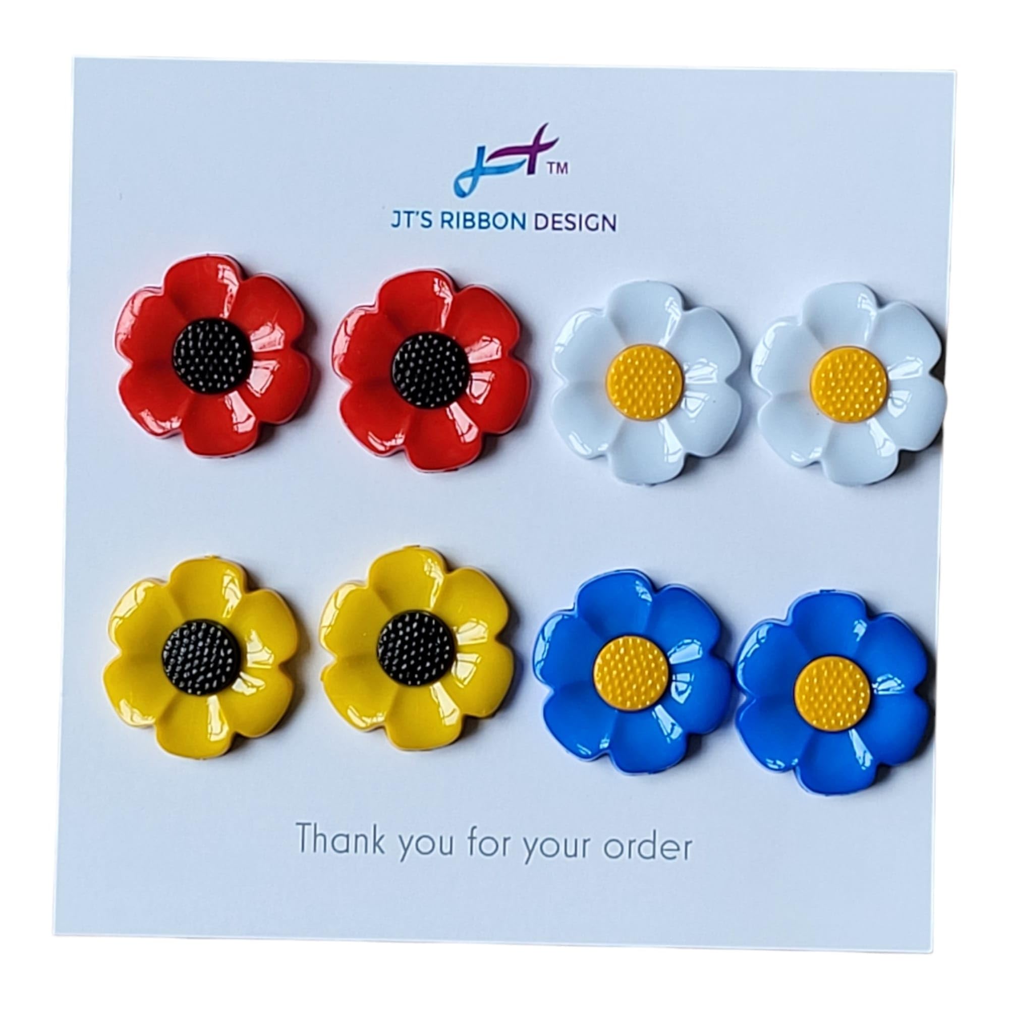 Assorted Flower Buttons 5 or 8 Pack Daisies, Forget-me-nots, Poppies & Sunflowers (Assorted (8 Pack, 2 of Each))