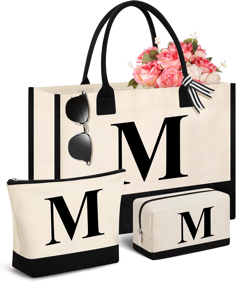 Tecanne Initial Canvas Tote Bag for Women, Monogrammed 3-Piece Gift Bag Set with Makeup Pouch
