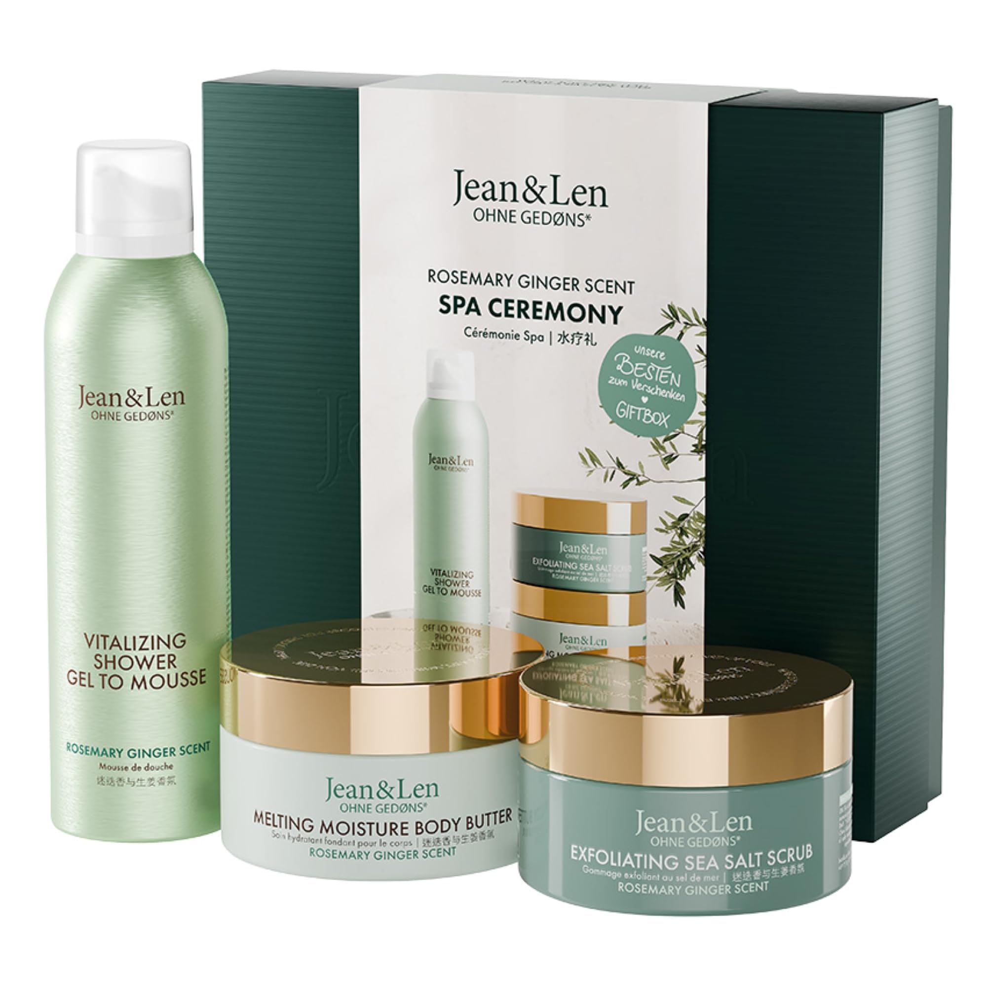Jean & Len Spa Ceremony Giftbox Rosemary & Ginger, hochwertige Geschenkbox mit 3 hochwertigen Produkten, Produkte für Körper und Geist, Verpackung ist FSC zertifiziert, veganes Geschenkset