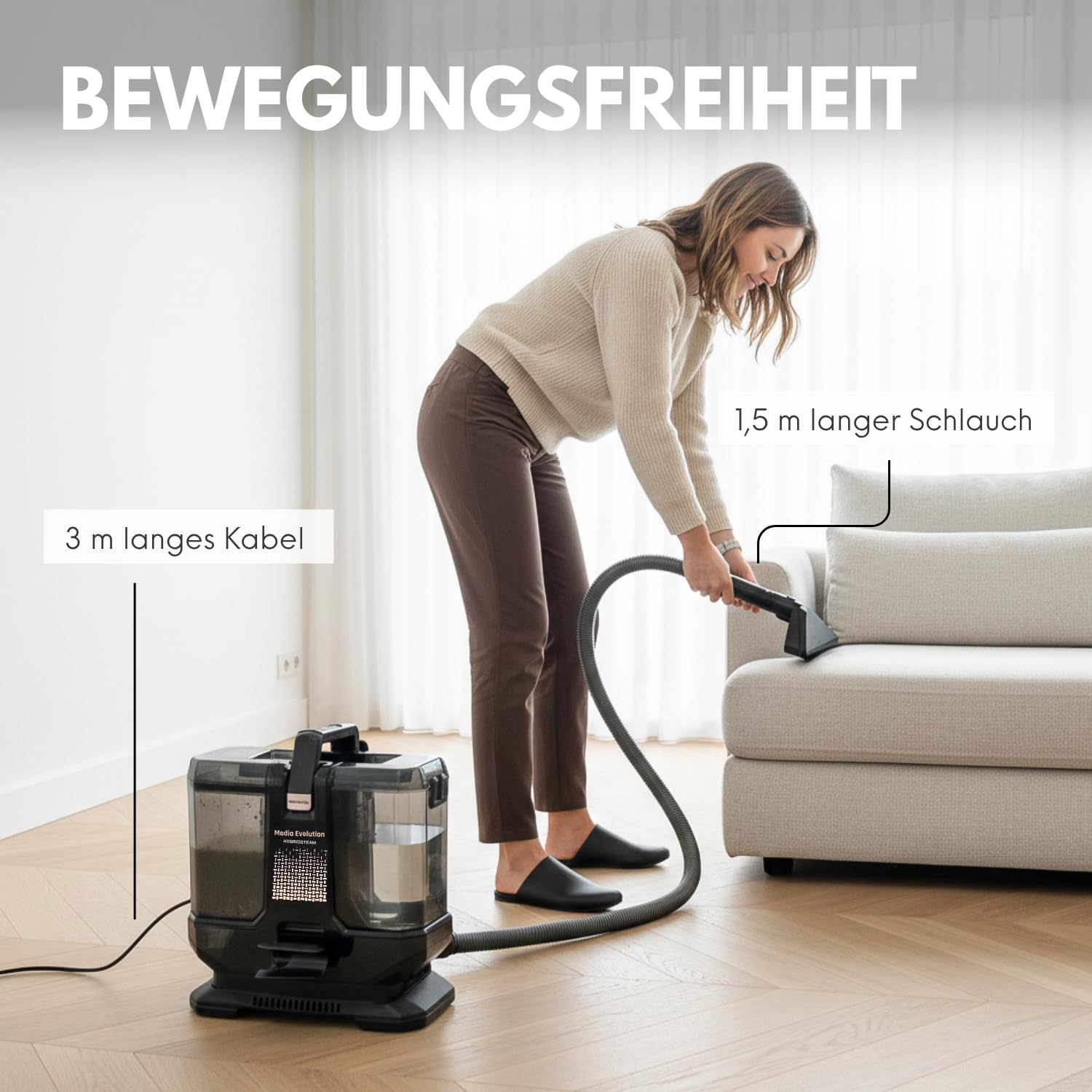 Media Evolution Polsterreiniger Gerät und Nassauger | Teppichreiniger und Dampfreiniger, 8 Aufsätze, 1800 W, 100 °C Dampf, Für Teppich, Polster, Autositze, Sofa, Möbel, Matratzen