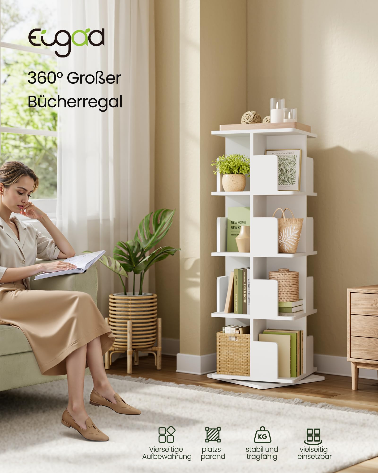 EUGAD drehbares Bücherregal Raumteiler 360° 4 Ebenen 16 Fächer MDF E1 Weiß 39,5x128x39,5cm