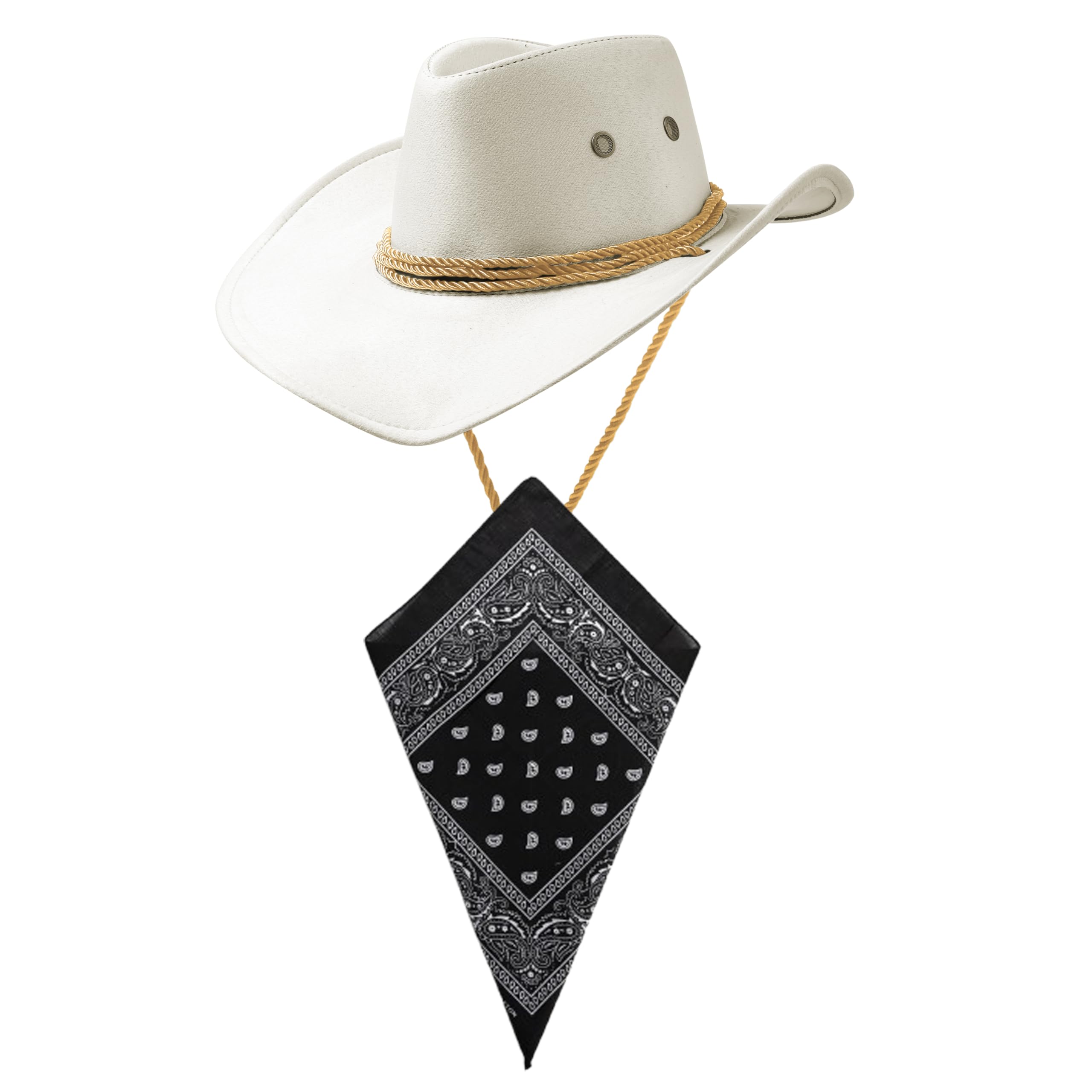 Komonee White Cowboy Hat and Black Bandana Western Sun Cap Faux Felt Leather Suede Fancy Dress Party Costume Outfit Neckscarf Protection Mens Womens โ image 1