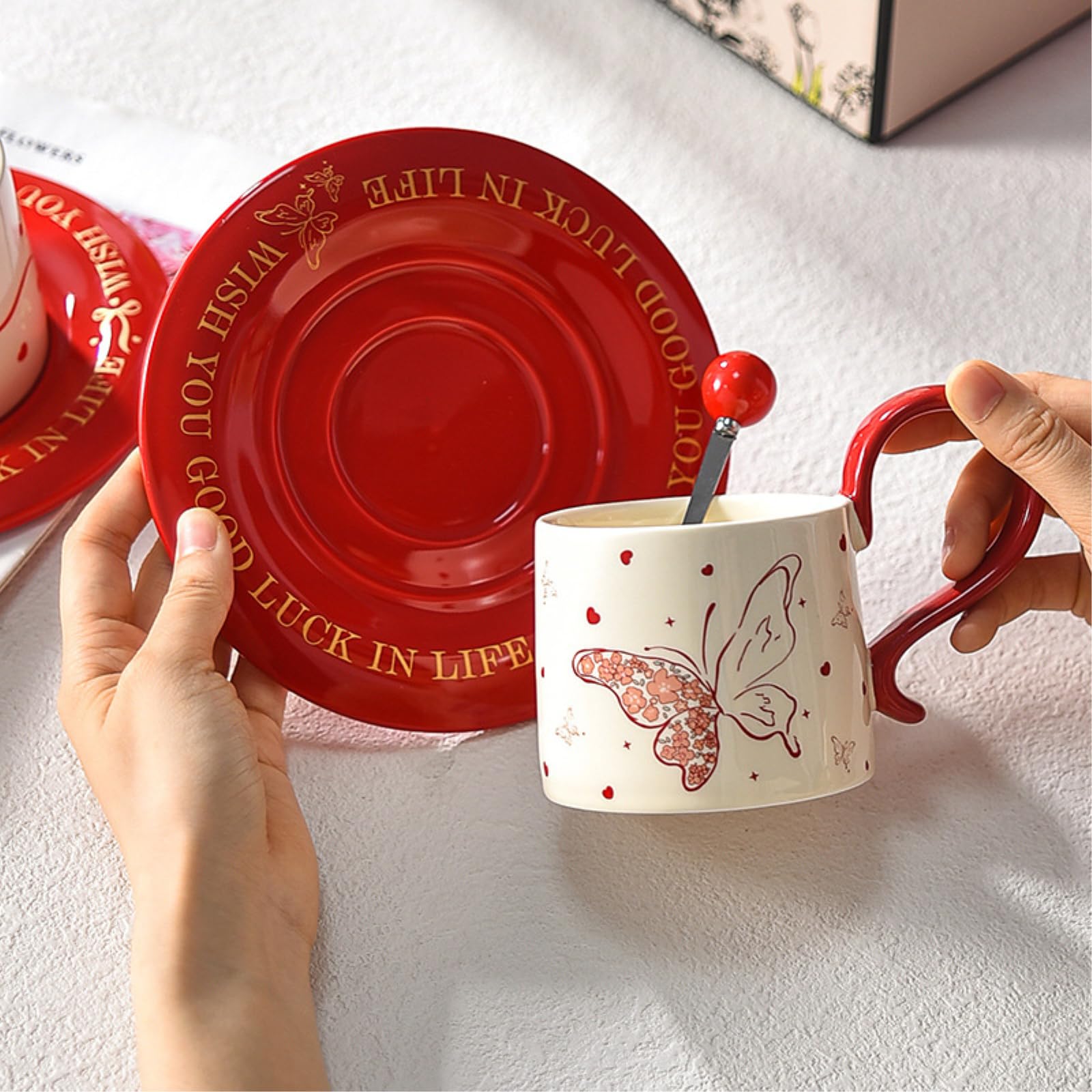 Taza de café de té rojo de la tarde de 280 ml con cuchara, taza para beber doméstica, mariposa roja, 280 ml