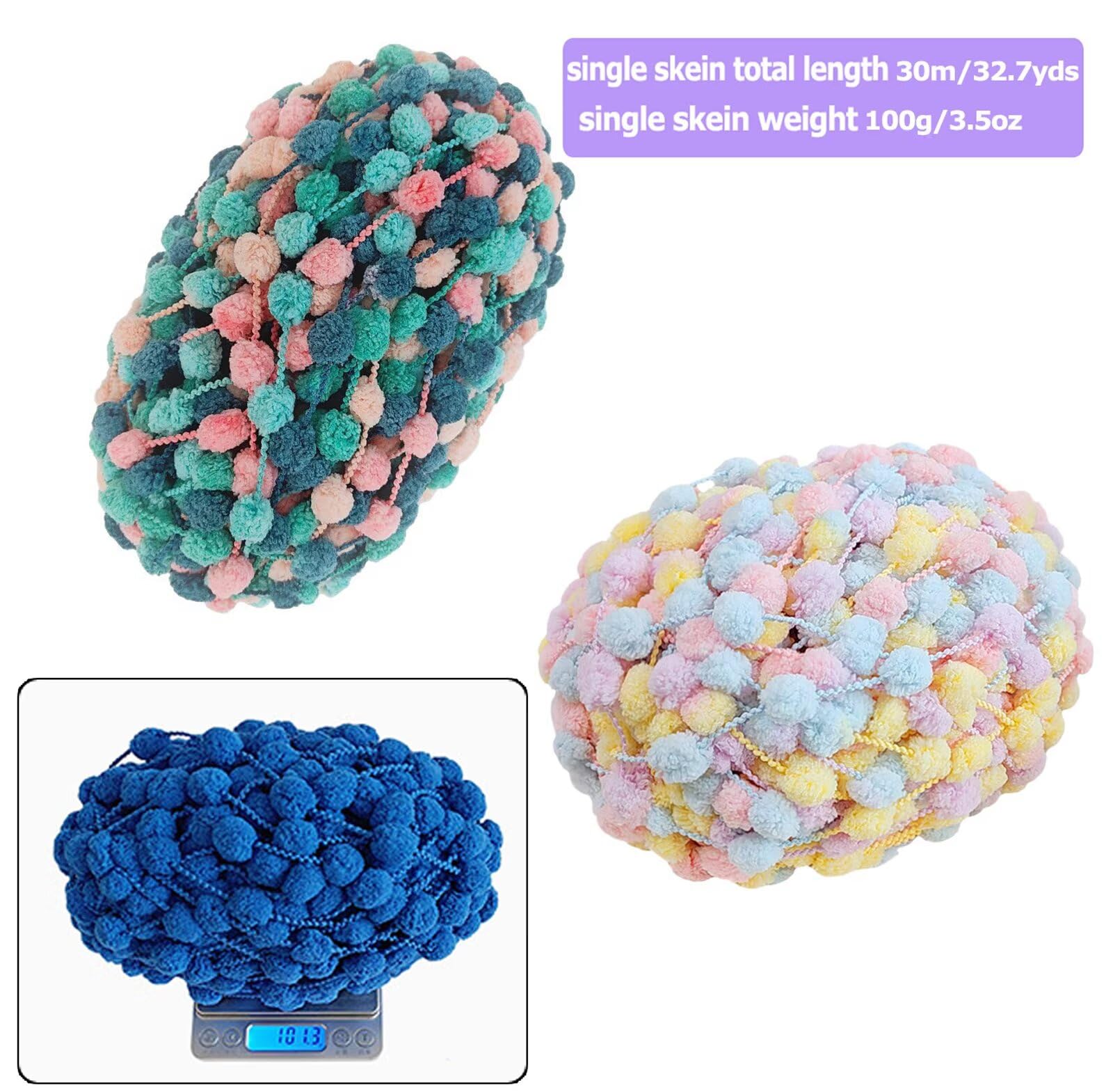 Fil à tricoter à la main avec pompons en grosse laine 100% polyester, idéal pour couvertures, écharpes et coussins. Pompons de 16 mm de diamètre. Aiguilles circulaires,100 g par pelote, 30 m