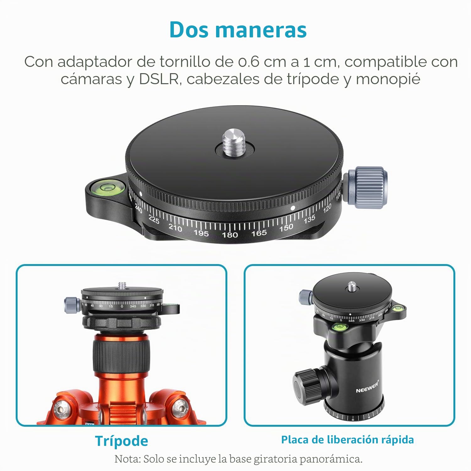 Neewer Base panorámica panorámica para cámara con Placa de Estilo, Tornillo de 3/8 Pulgadas, aleación de Aluminio, Cabeza de trípode con Nivel de Burbuja para trípode monopié cámaras DSLR, Capacidad
