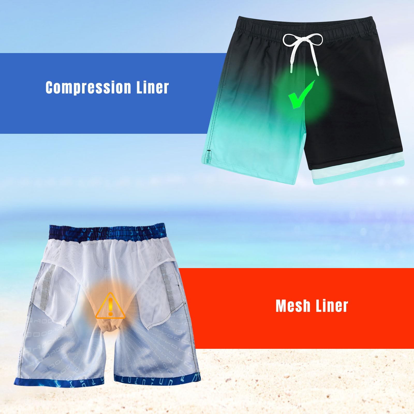 Cozople Board Shorts for Men's 7'' with Compression Liner Swimming Shorts Boxer Brief Lined Swimsuit Black Blue Gradient Swimsuit with Pocket L