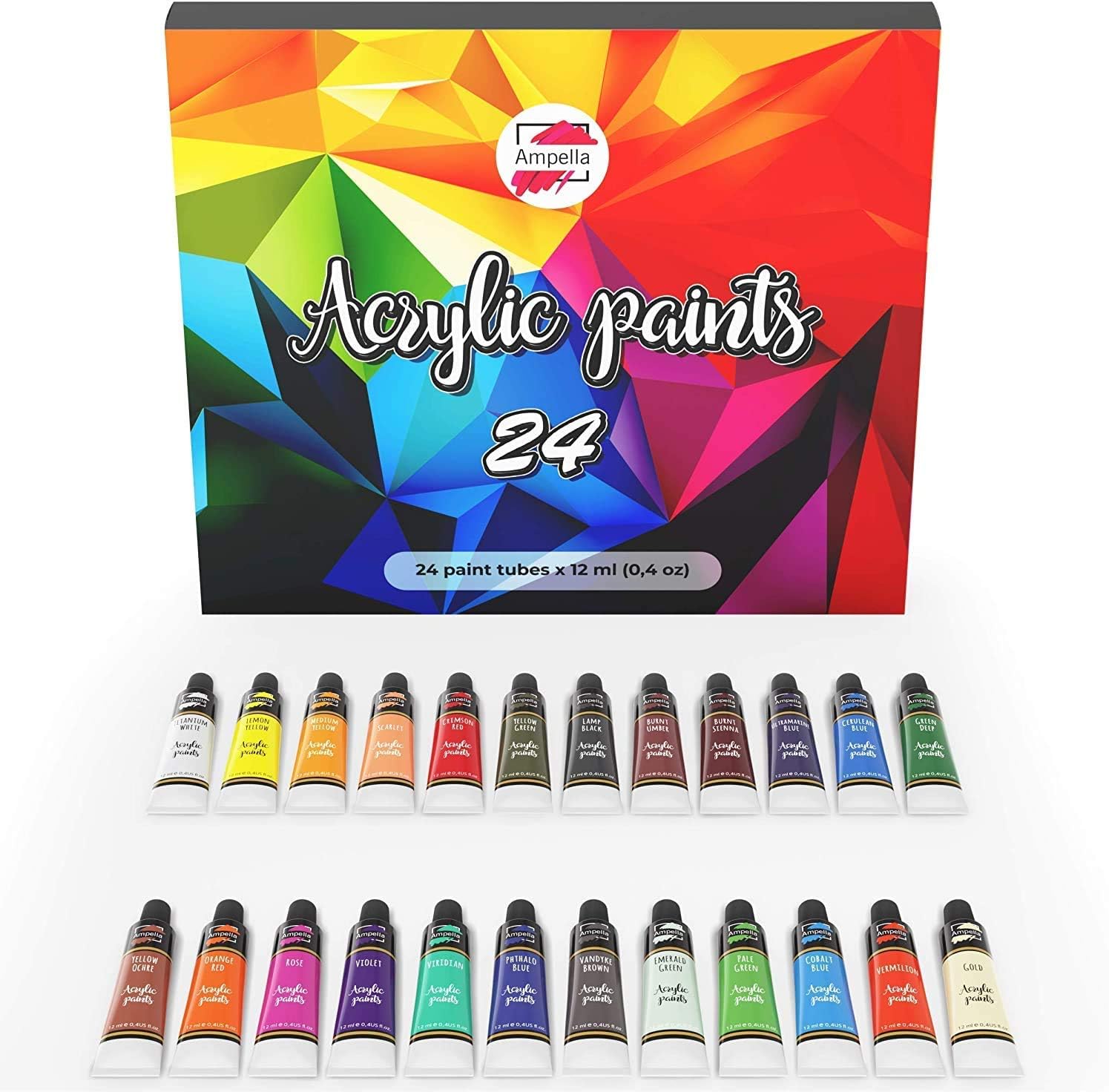 Ampela Acrylic Paint Set 24 Colors 12 ml Tubes of Acrylic