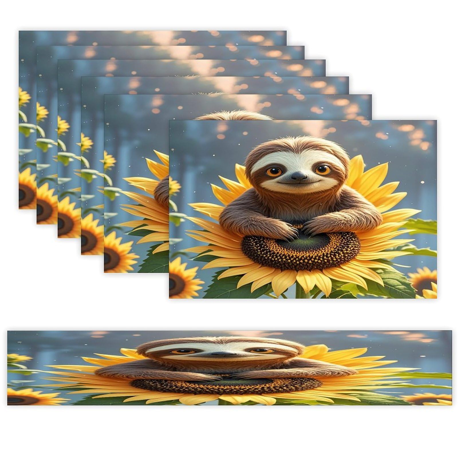 Cartoon Sloth Sitting on Sunflower Placemats Set of 6 and Table Runner for Holiday Party Kitchen Dining Table Decor Farmhouse Style Washable Table Mat Set Heat Resistant Linen Place Mat Sets