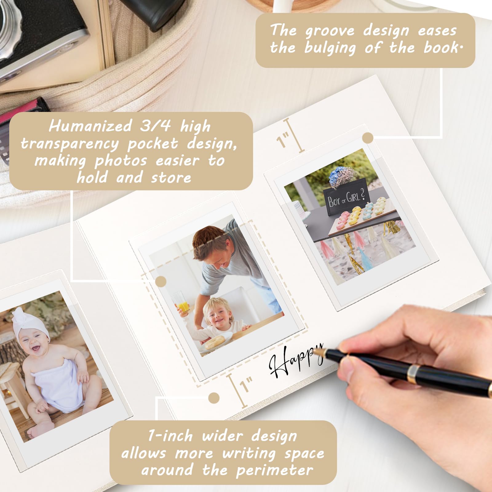 Instax Mini-Fotoalbum mit Platz zum Schreiben, 52 Taschen, Leineneinband mit Frontfenster, kompatibel mit Fujifilm, Polaroid, HP-Kettenrad & KPOP-Fotokarten, kuword Premium-Fotobuch, Geschenk, Beige