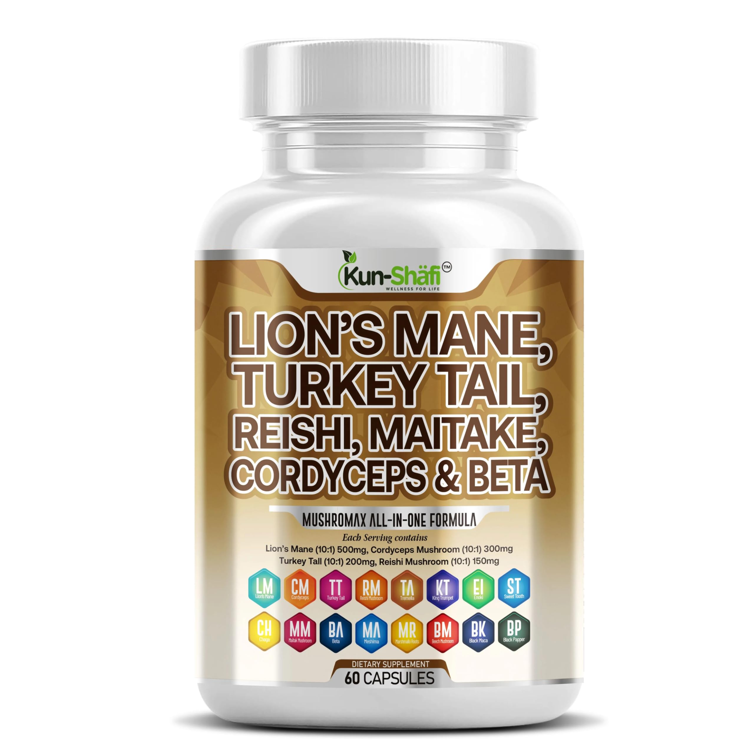 Kun Shafi Suplemento de Cogumelos 20 em 1 com Lion's Mane, Turkey Tail, Reishi, Chaga e Cordyceps Sinensis, 60 cápsulas