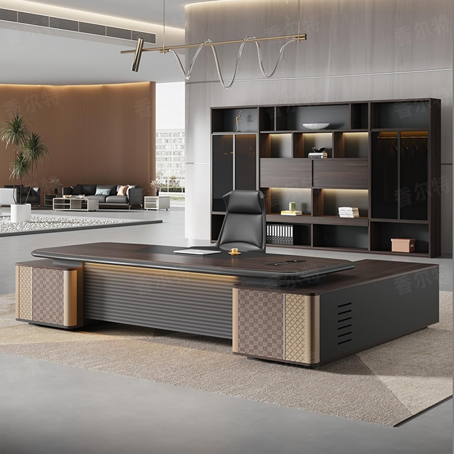 Modern Business L-Shaped Executive Office Desk Computer Desk with File Drawers Writing Study Table Business Furniture Set for CEO Boss