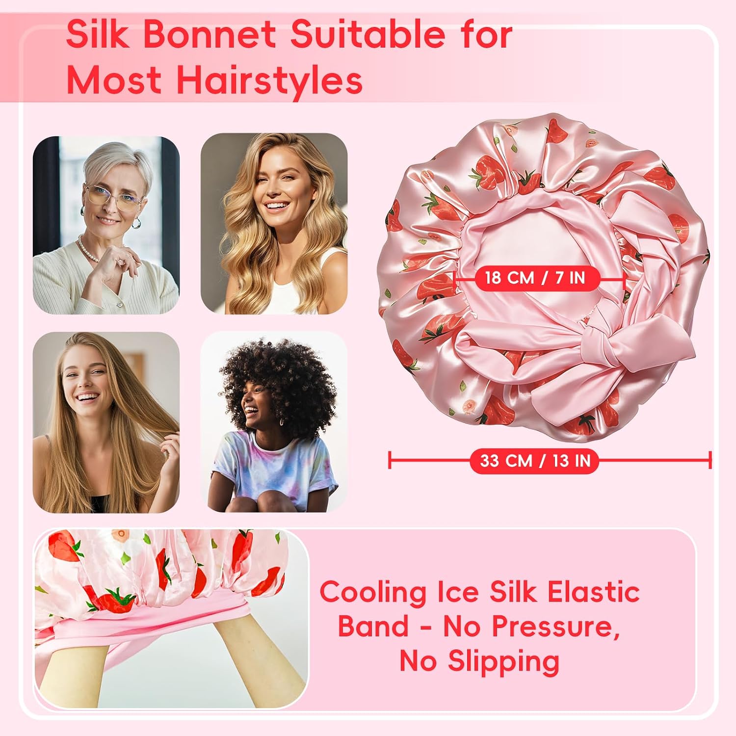 Satin Silk Bonnet for Sleeping Women, Double Layer Sleep Cap Head Wrap with Soft Tie Elastic Band, Non-Slip Hair Care Bonnet Nightcap for Long Natural Curly Hair Protection (Strawberry)