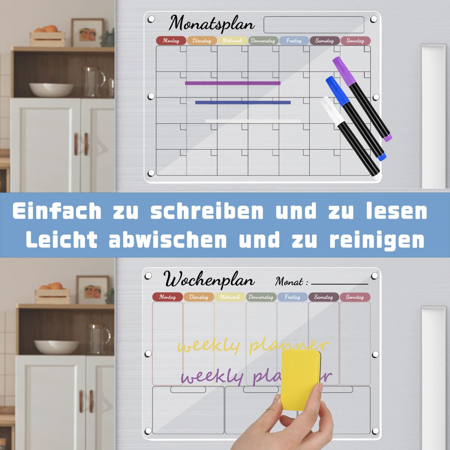 2 Stück Wochenplaner Abwischbar, Acrylic Magnettafel Kühlschrank, Monatsplaner Abwischbar, Wochenplaner Magnetisch Kühlschrank, Deutsch Farbdruck Acrylic Transparent Planungstafeln (40x30cm)