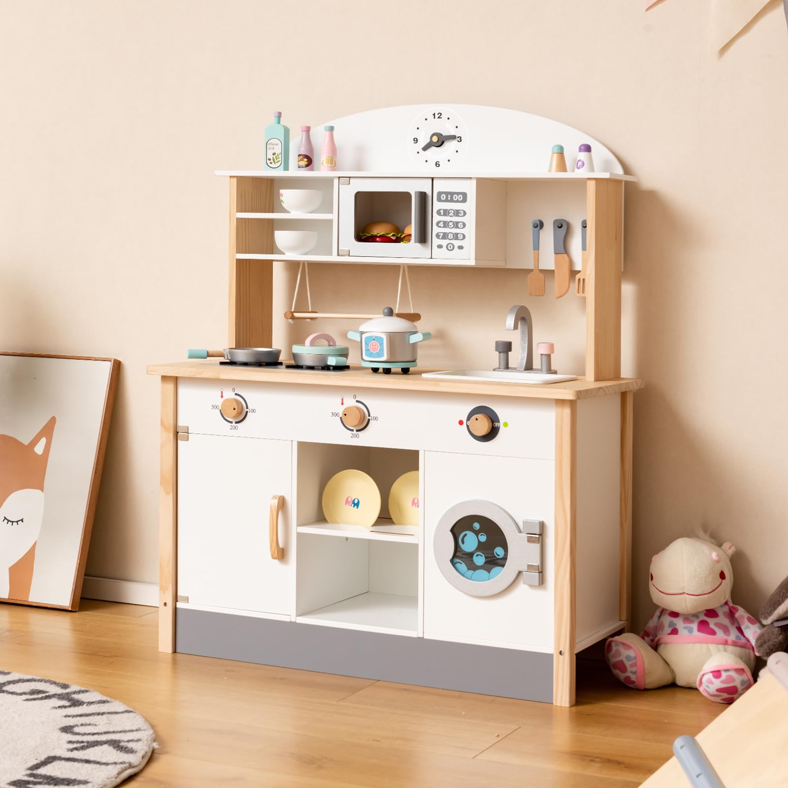 GOPLUS Kinderküche mit Spielzubehör, Spielküche mit Backofen, Mikrowellen, Wasserbecken & Waschmaschine, Stabiler Spielzeugküche mit offener Fächer und Schränke, für Kinder ab 3 Jahren