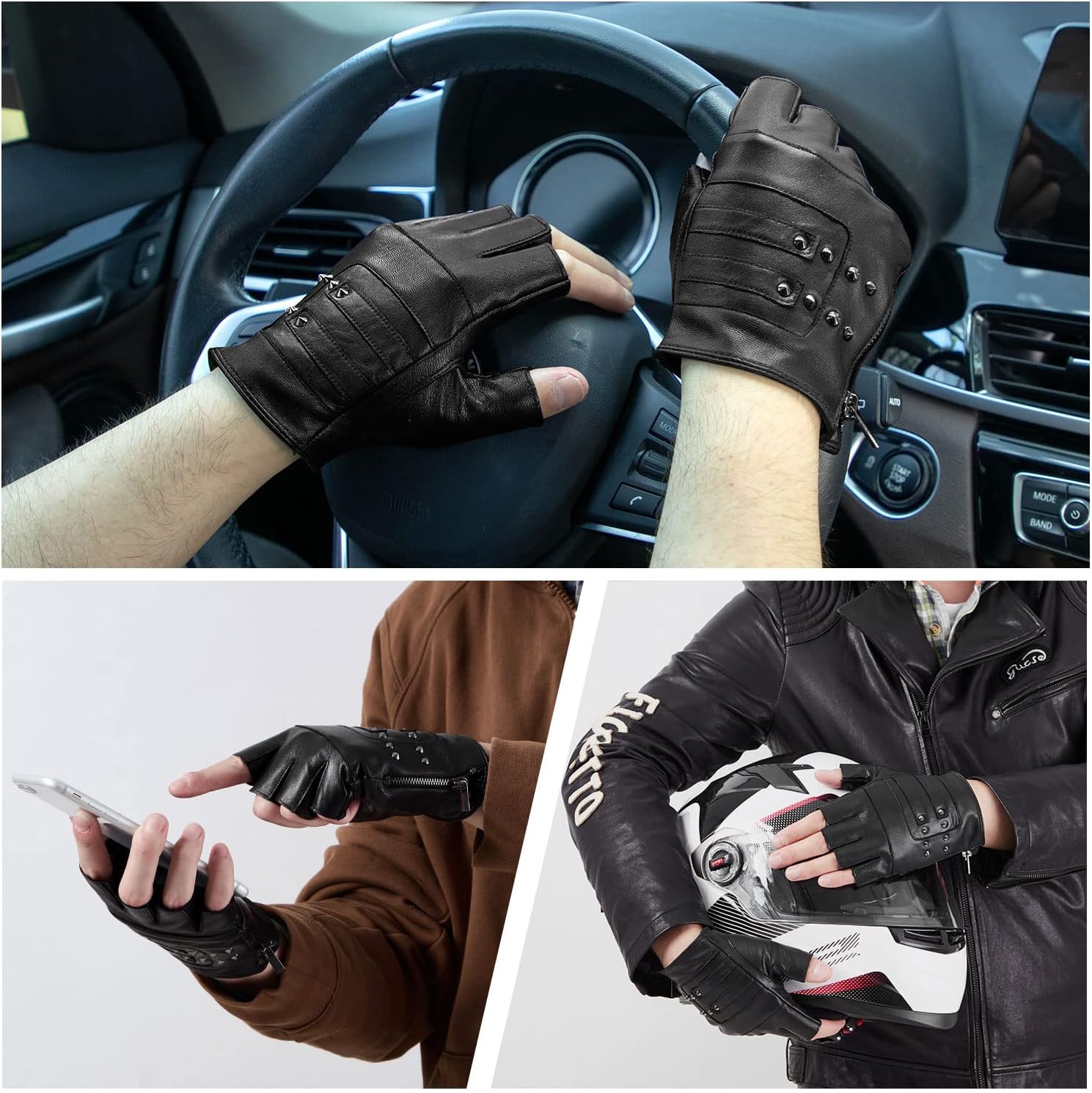FIORETTO Mens Genuine Leather Fingerless Gloves Unlined Half Finger Punk Gloves for Driving Cycling Motorcycle M200801 - Image 2