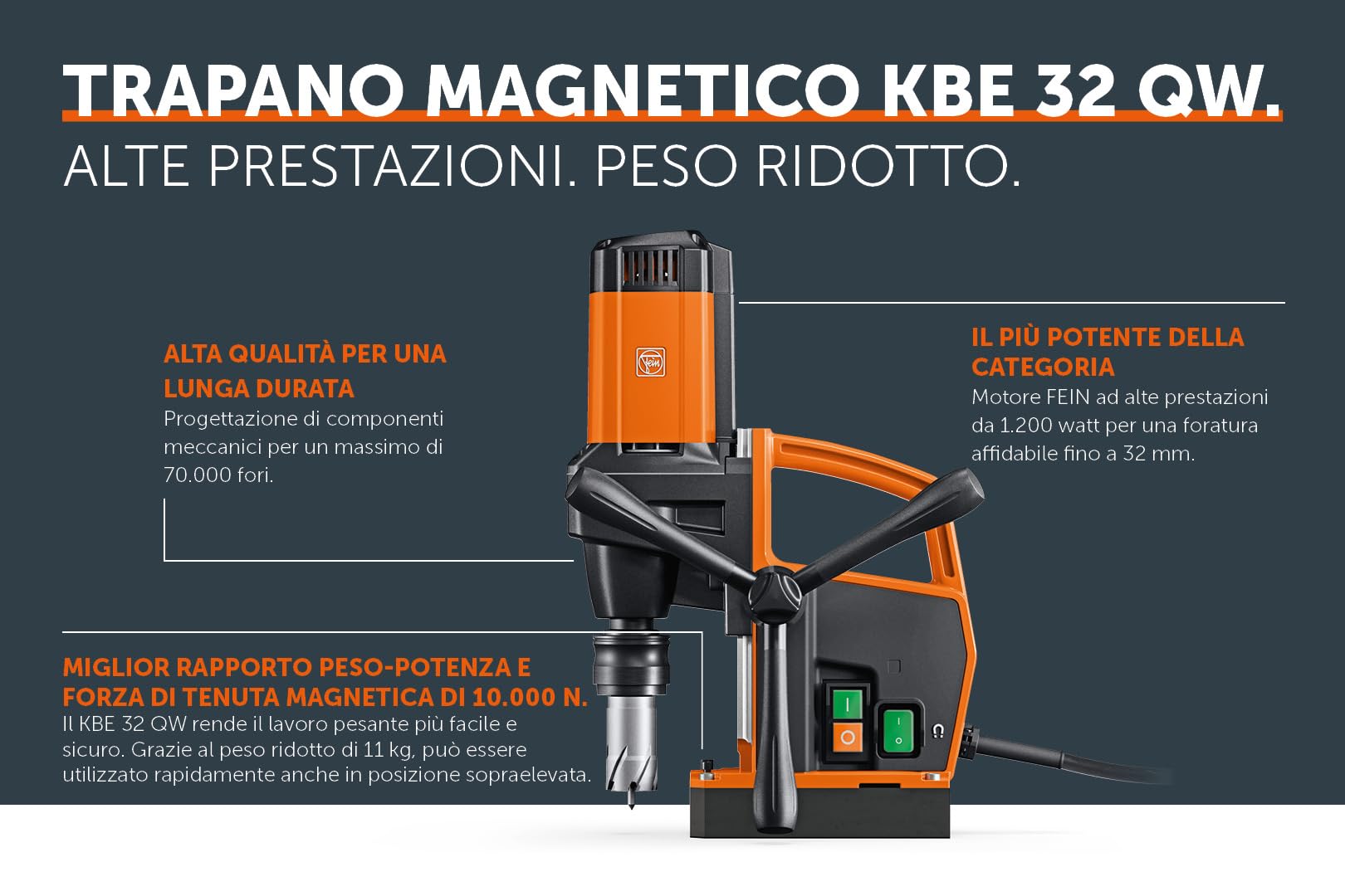 FEIN Trapano endurance con base magnetica KBE 32 QW per punte a corona a 1 velocità, estremamente leggero,Ø massimo di foratura HM/HSS: 32 mm, Attacco:3/4" Weldon, profondità massima di foratura 50 mm