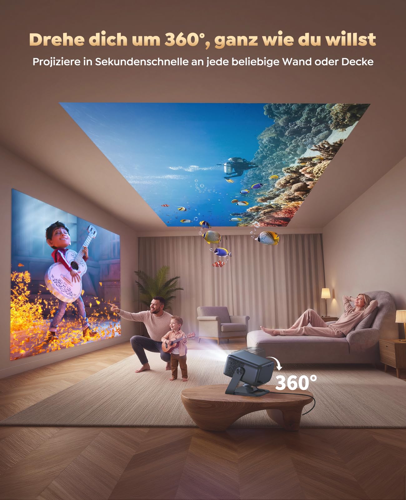 Smart Beamer【Google TV & 30W Lautsprecher】Beamer 4K Heimkino Unterstützt Autofokus/6D Trapezkorrektur, HDR10, WiFi Bluetooth FULL HD 1080P LED Projector 360° Drehständer Outdoor Projektor 4K für HDMI