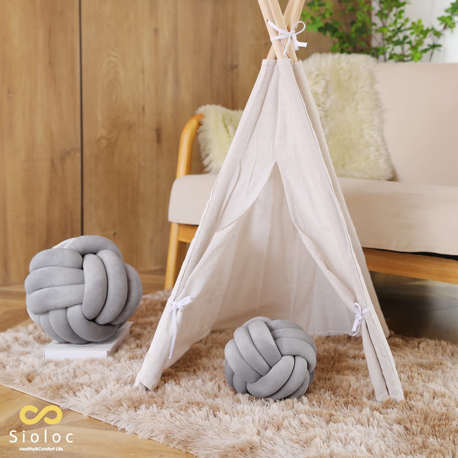 Sioloc Soft Knot Ball Pillows,Round Throw Pillow Cushion Home Decoration Plush Pillow,Throw Knotted Pillow Handmade Round Plush Pillowï¼ˆ13.7inches,Greyï¼‰