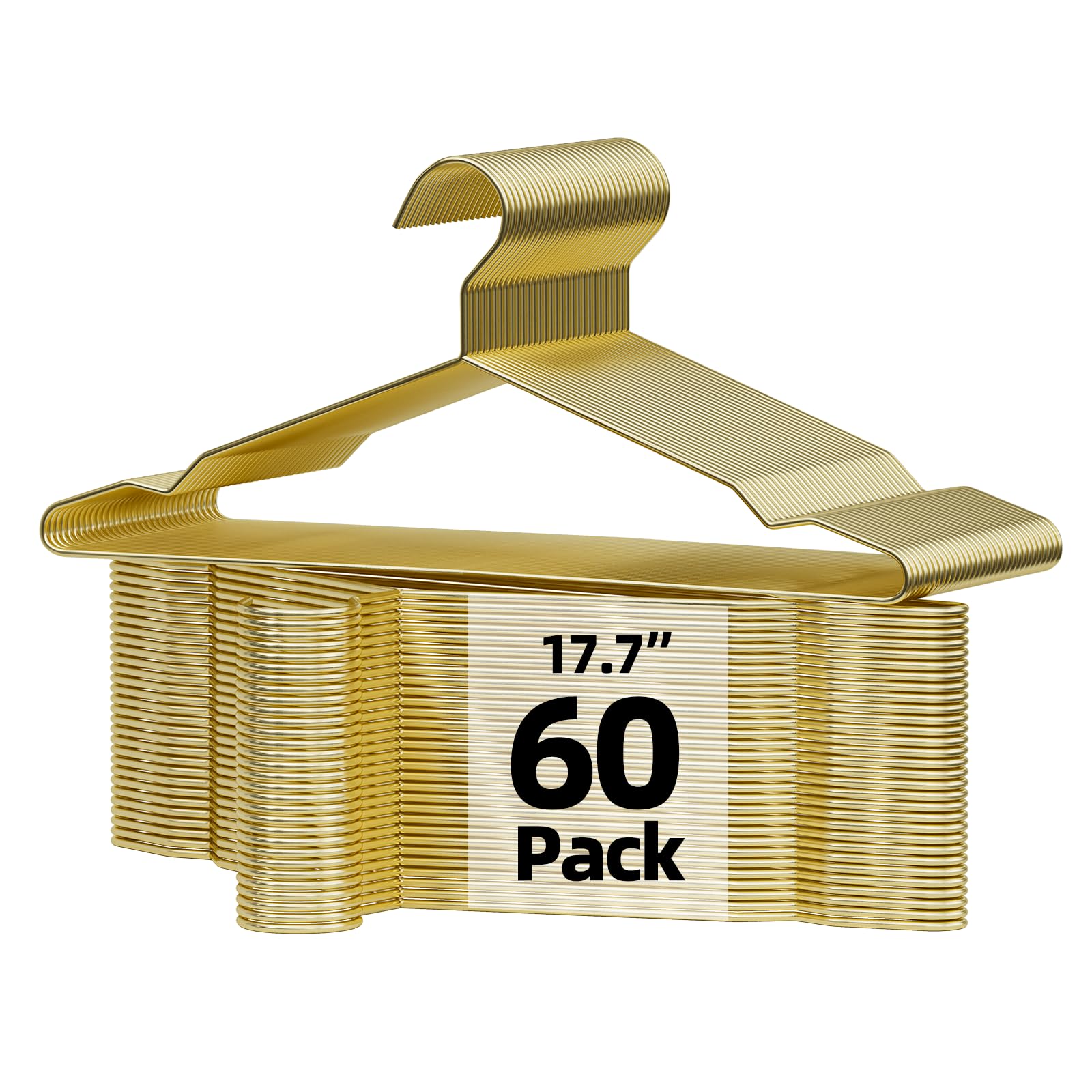 SPECILITE 60 Pack 17.7'' Gold Metal Hangers with Notches for Large Suits Size, Shirts, Pants, 0.16" Heavy Duty Coats Hangers, Space-Saving