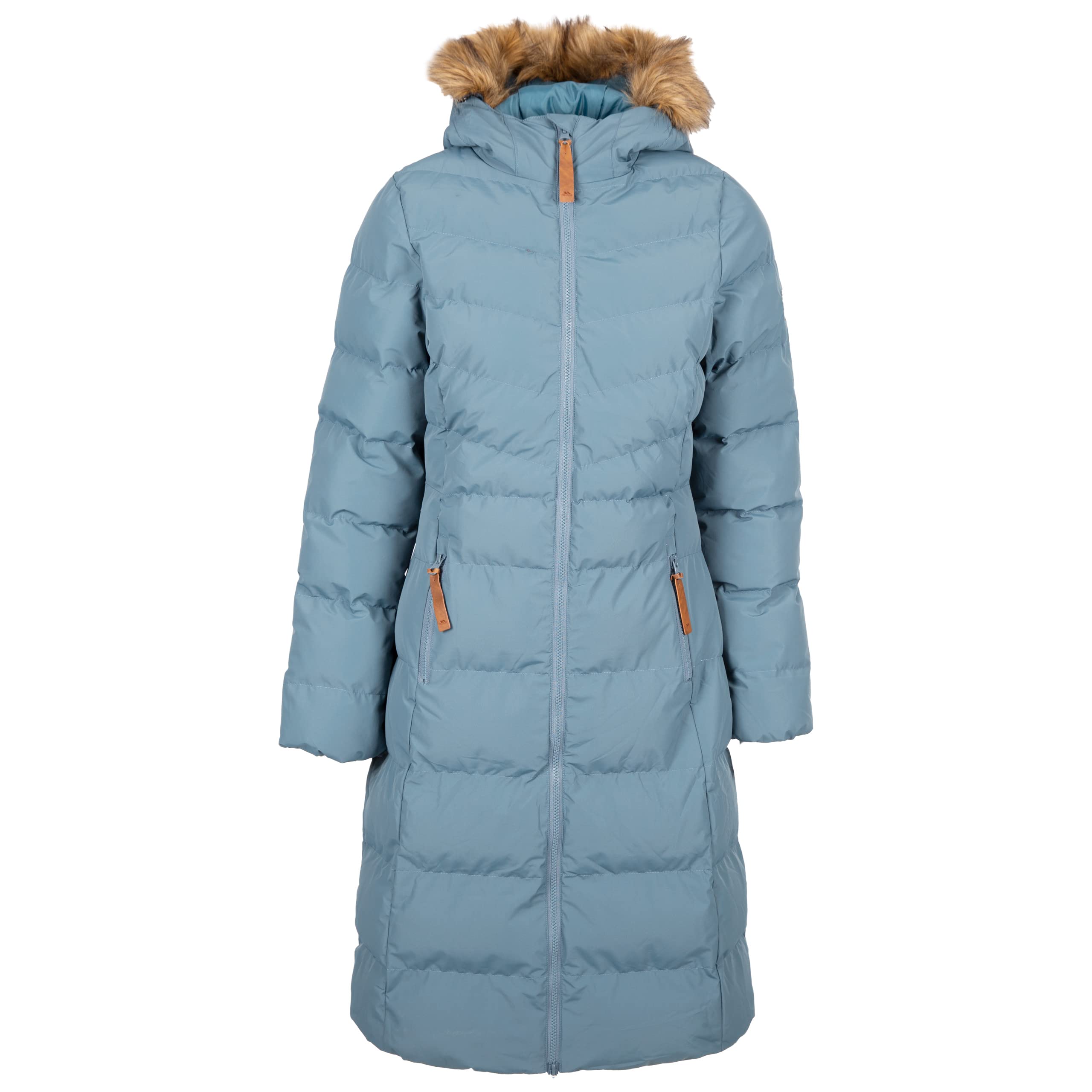 Trespass Women's Pewter Jacket Audrey - Waterproof 2000Mm, Windproof, Faux Fur Trim, Padded, 2 Zip Pockets, Grown On Hood, Two Way Front Zipper, Longer Length, Badge Detail On Sleeve