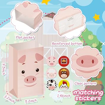 Dianelhall 30 Pack Farm Party Favor Animal Bags with Stickers 9.5 x 5.2 Inch Cute Farm Barnyard Goodie Bag, Paper Candy Gift for Birthday Baby Shower Party Supplies Decorations, 6 Designs