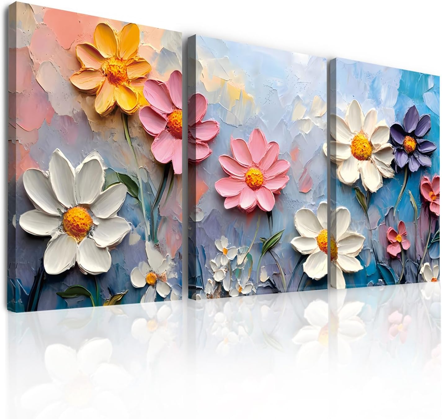 Colorful Floral Canvas Wall Art 3 Pcs, Abstract Watercolor Flower Oil Paintings Print Posters Bedroom Wall Decor Plant Flowers Pictures Framed Artwork for Bathroom Living Room Home Decoration 12x16