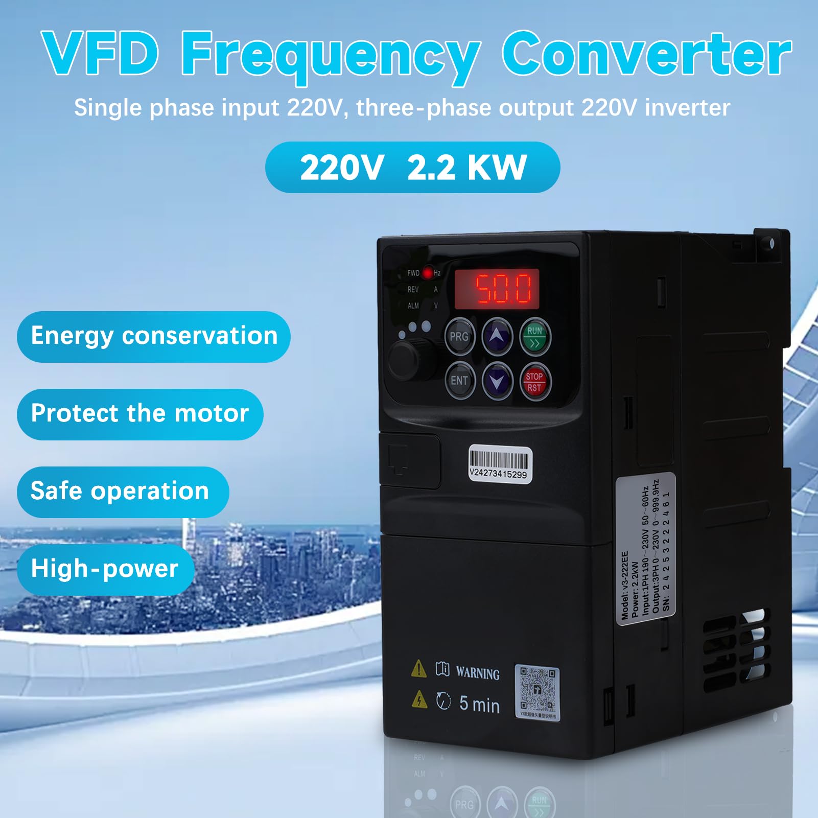 2.2KW Inverter per motori trifase 220v Ingresso monofase 220V Uscita trifase 230V Variatore di frequenza VFD quadro elettrico rimovibile modello V3-222EE (con cavo di prolunga da 1,5m)