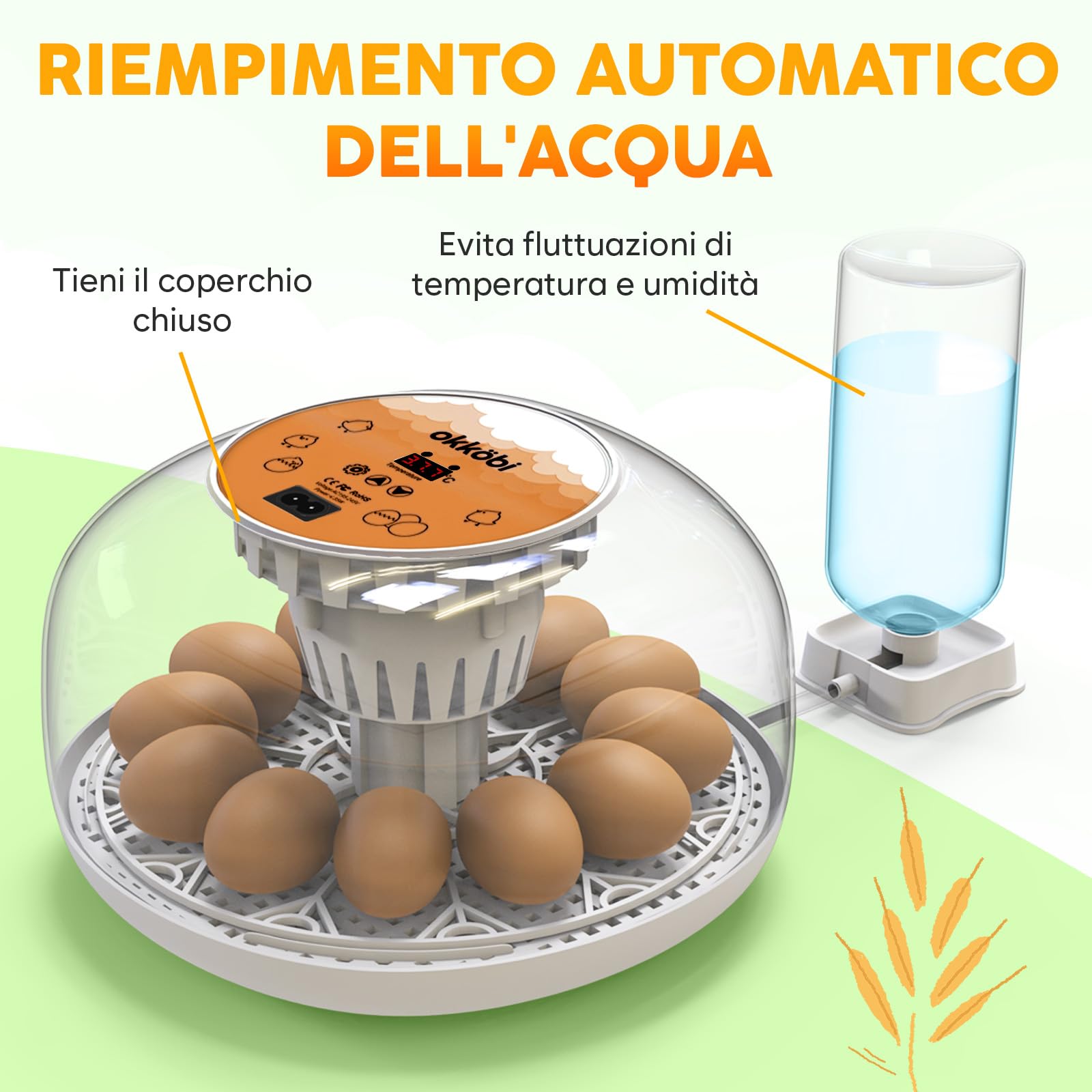 Okkobi M12 - Incubatrice per uova automatica con Girauova Automatico e Controllo Umidità - Incubatrice uova gallina - 12/24 uova, vista a 360°, facile da usare e pulire - Bianco e arancione