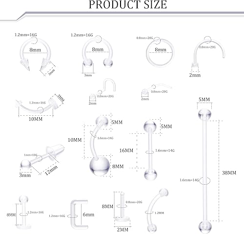 Miniatura 2 de LOLIAS 98 piercings transparentes para tabique y nariz, piercing flexible para labio, nariz, aro para lengua, pezón, cartílago, tragus daith, aretes