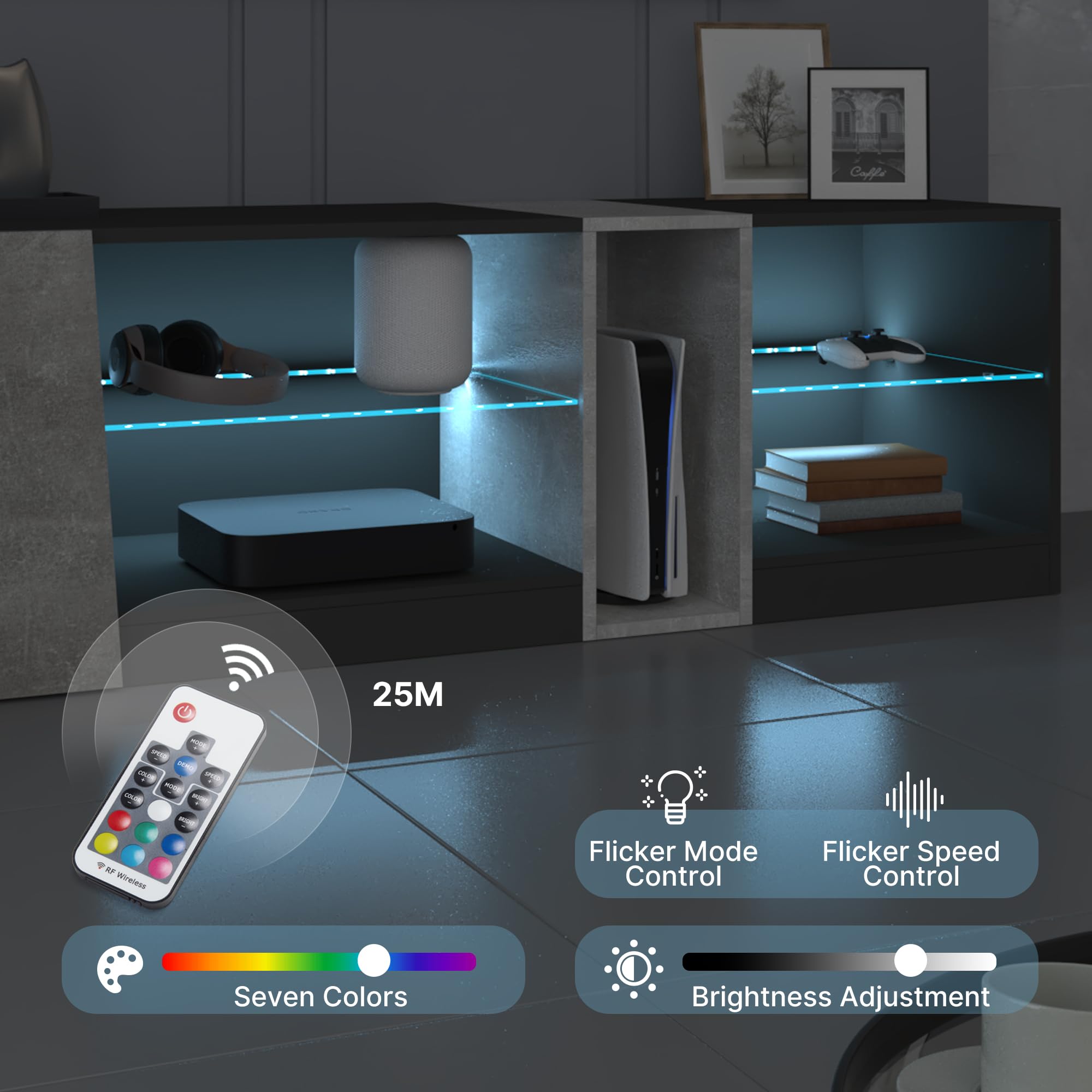 Mondeer Meuble TV, Support Télé LED avec 5 Compartiments et 1 Porte, pour TV de 55 Pouces, pour Salon Chambre à Coucher, W140 x H45 x D37,5 cm, Noir et Gris
