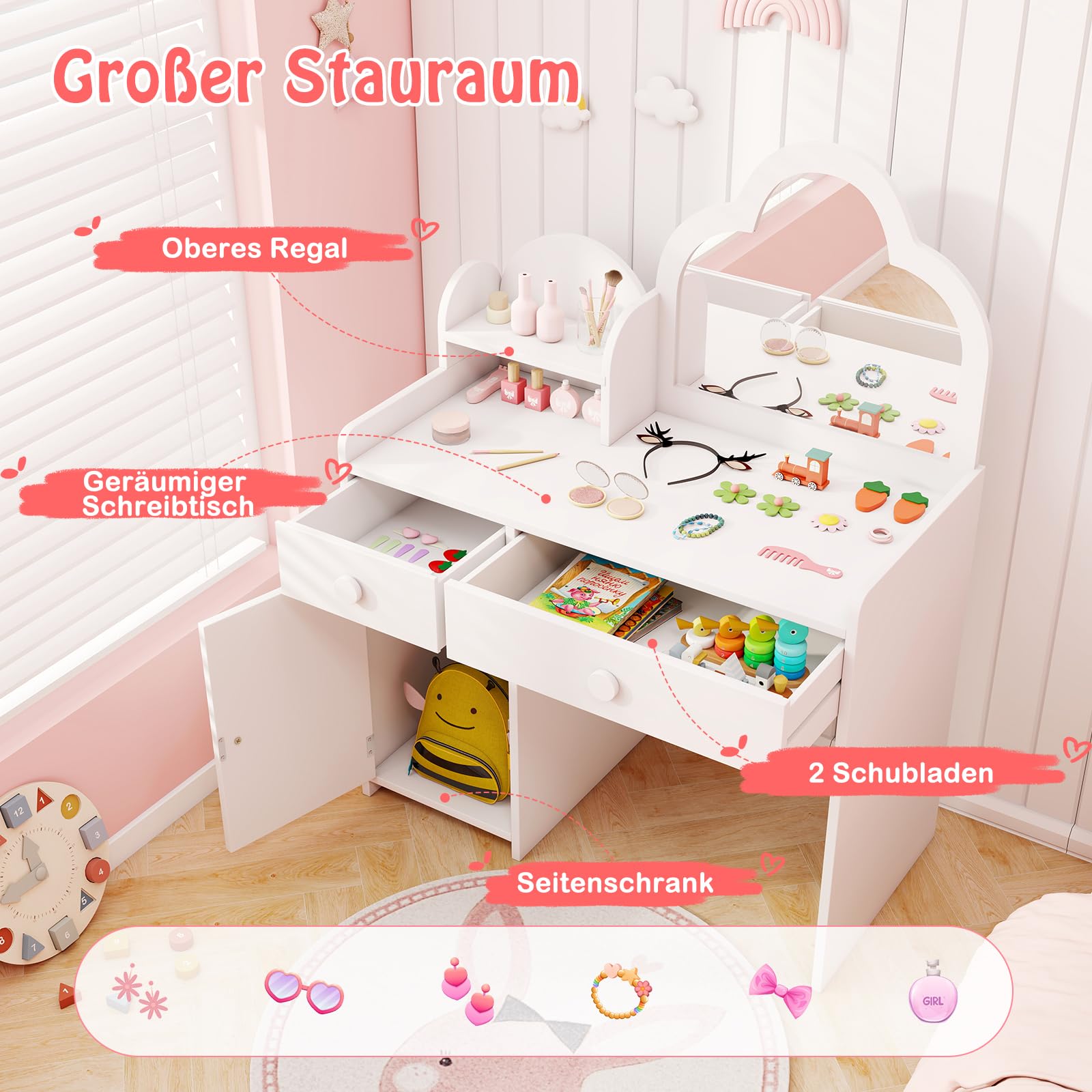 DREAMADE 2 in 1 Schminktisch Kinder, Kinderschminktisch mit abnehmbarem Spiegel & Hocker, Prinzessin Frisiertisch aus Holz mit Regal Schubladen Schrank, Kinder Schminktisch für Mädchen ab 3