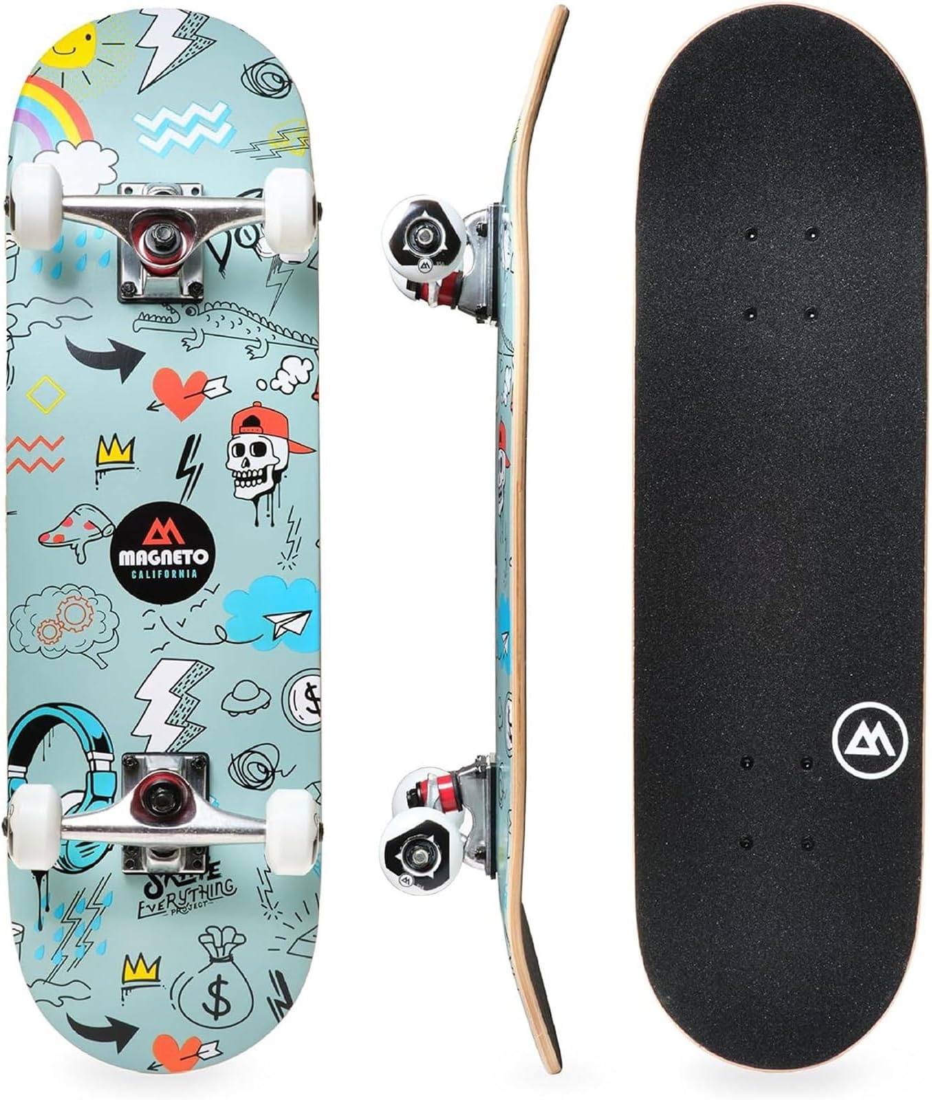 Magneto Complete Skateboard | 6-Layer Canadian Maple Double Kick Concave Deck | Beginners, and Teens