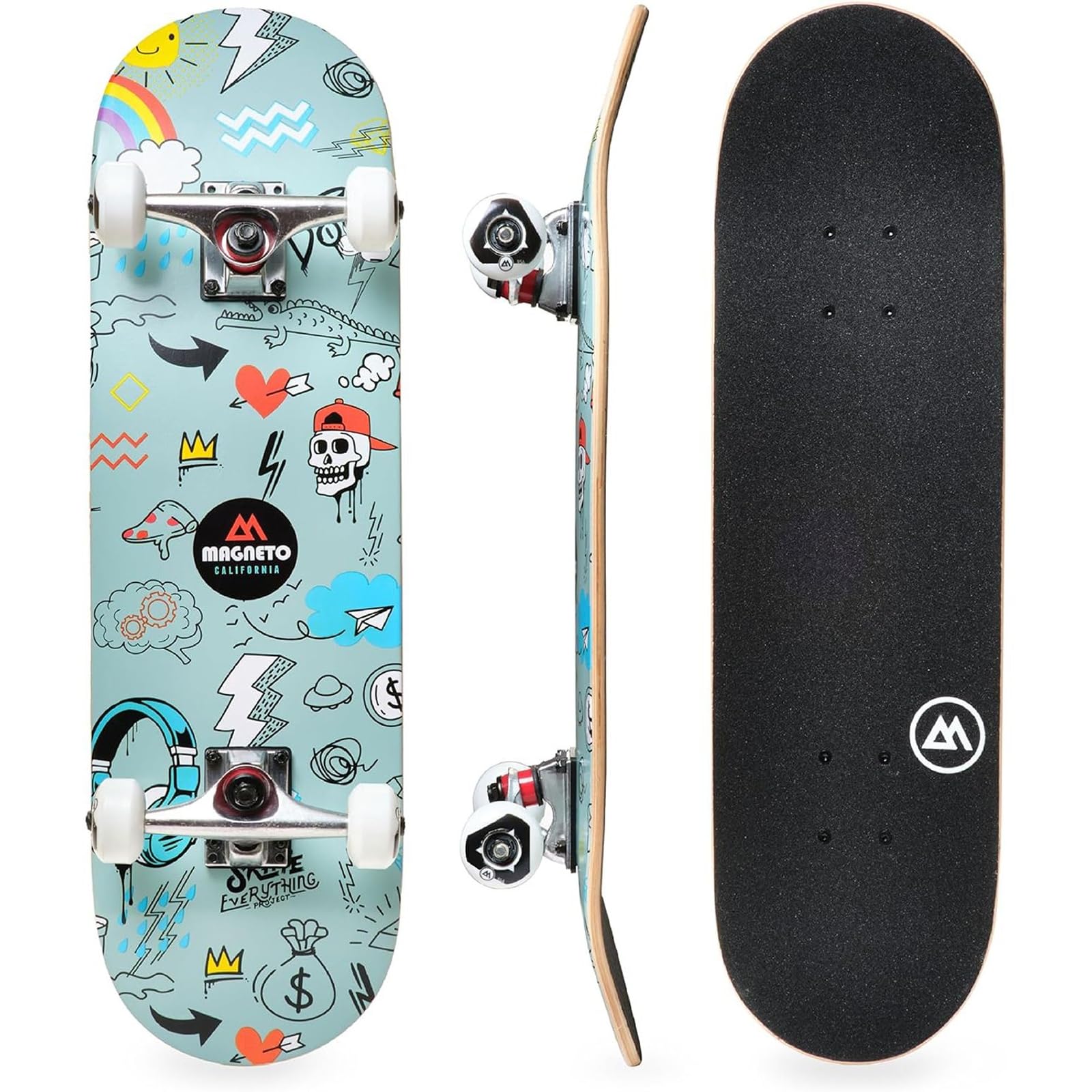 Magneto Complete Skateboard | 6-Layer Canadian Maple Double Kick Concave Deck | Beginners, and Teens