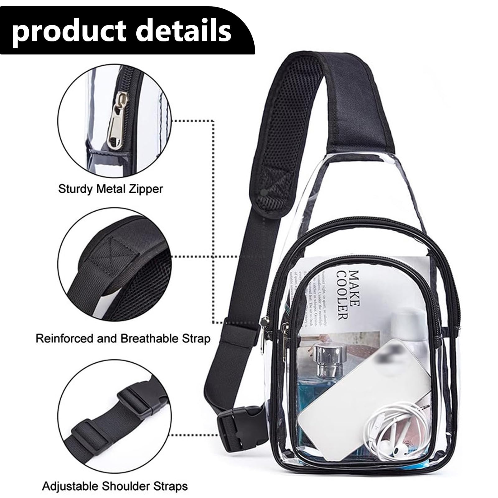 Bolsa de Pecho Transparente de PVC, Aprobado por Estadios Bolso Bandolera Hombre, Bolso Transparente Mujer con Correa Ajustable, Riñonera Resistente Al Aguariñonera para Conciertos Viajes