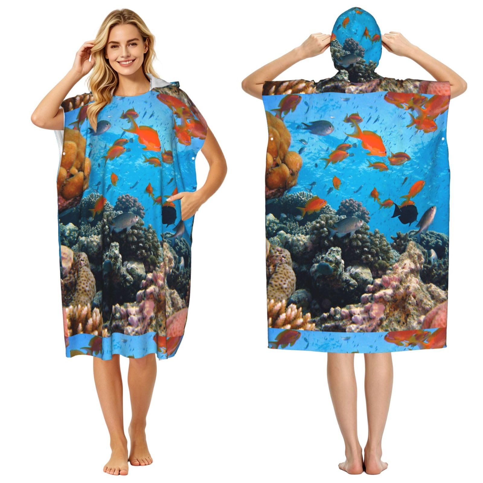 Poadnly Coral And Fish, Adult Hooded Beach Towel 90 x 110 cm,Changing Bath Robe, Surf Poncho Towel For Women Men