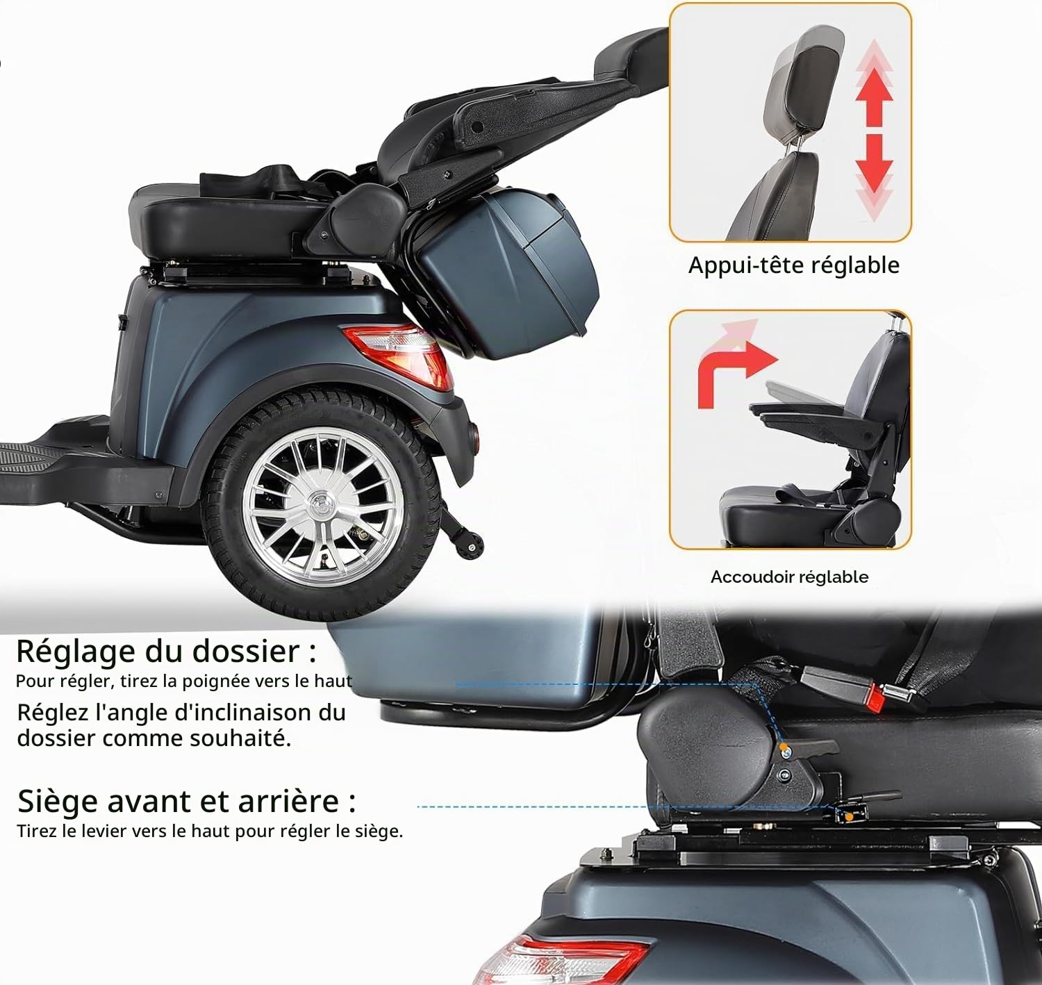 Scooter électrique à 4 roues avec 3 vitesses, grand espace de stockage, tête et accoudoirs réglables et dossier. Convient pour différents terrains avec phares, feux arrière et réflecteurs. Poids