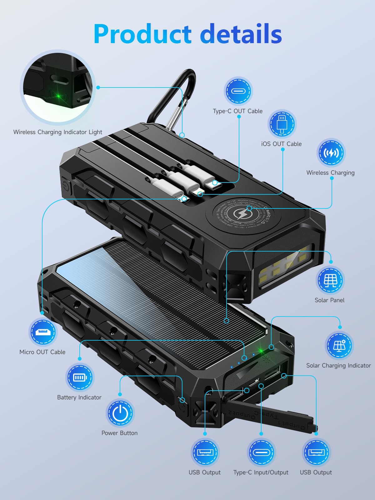 Power Bank 26800 mAh Powerbank Inalámbrico, Cargador Rápido Portátil con Cable Integrado, 7 Salidas/2 Entradas, Banco de Energía Solar con Linterna / Indicador LED, Batería Externa para Smartphones