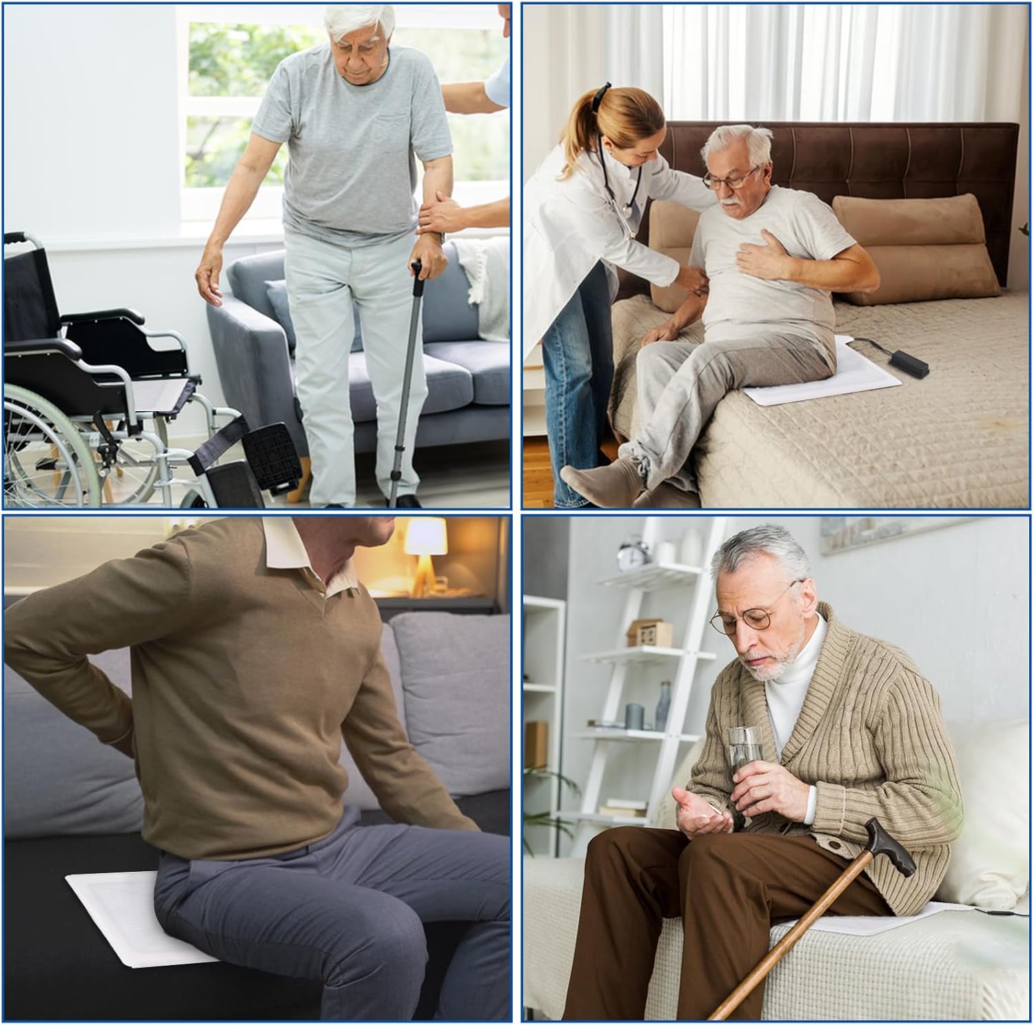 Images demonstrating the placement of the sensor pad on a wheelchair, sofa, and bed for patient monitoring.