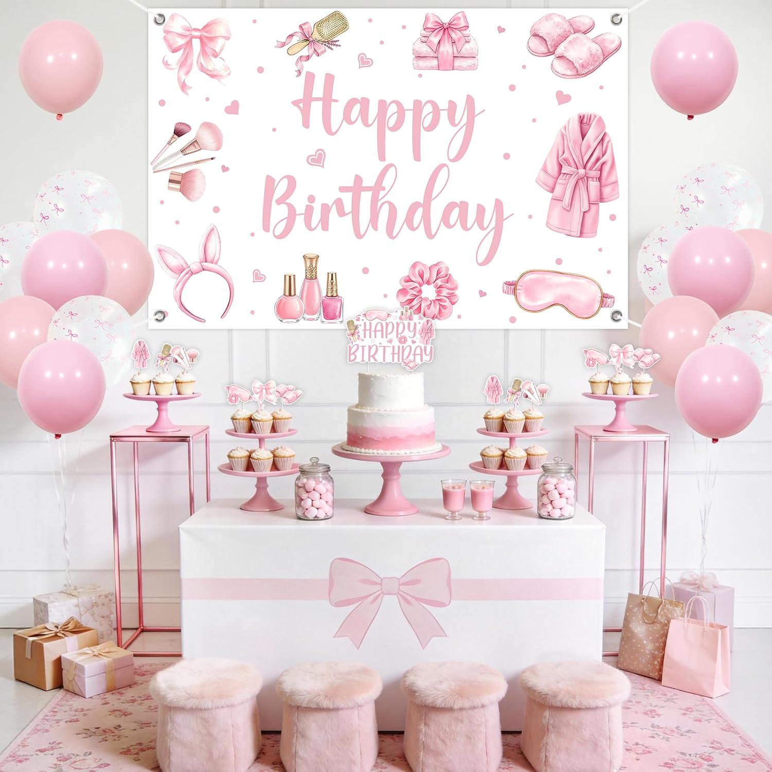 Spa Birthday Party Decorations for Girls Women, Pink Watercolor Spa Birthday Backdrop 5x3 ft with Makeup Brushes Bathrobe Slippers, Banner Cake Toppers Balloons for Sleepover Spa Theme