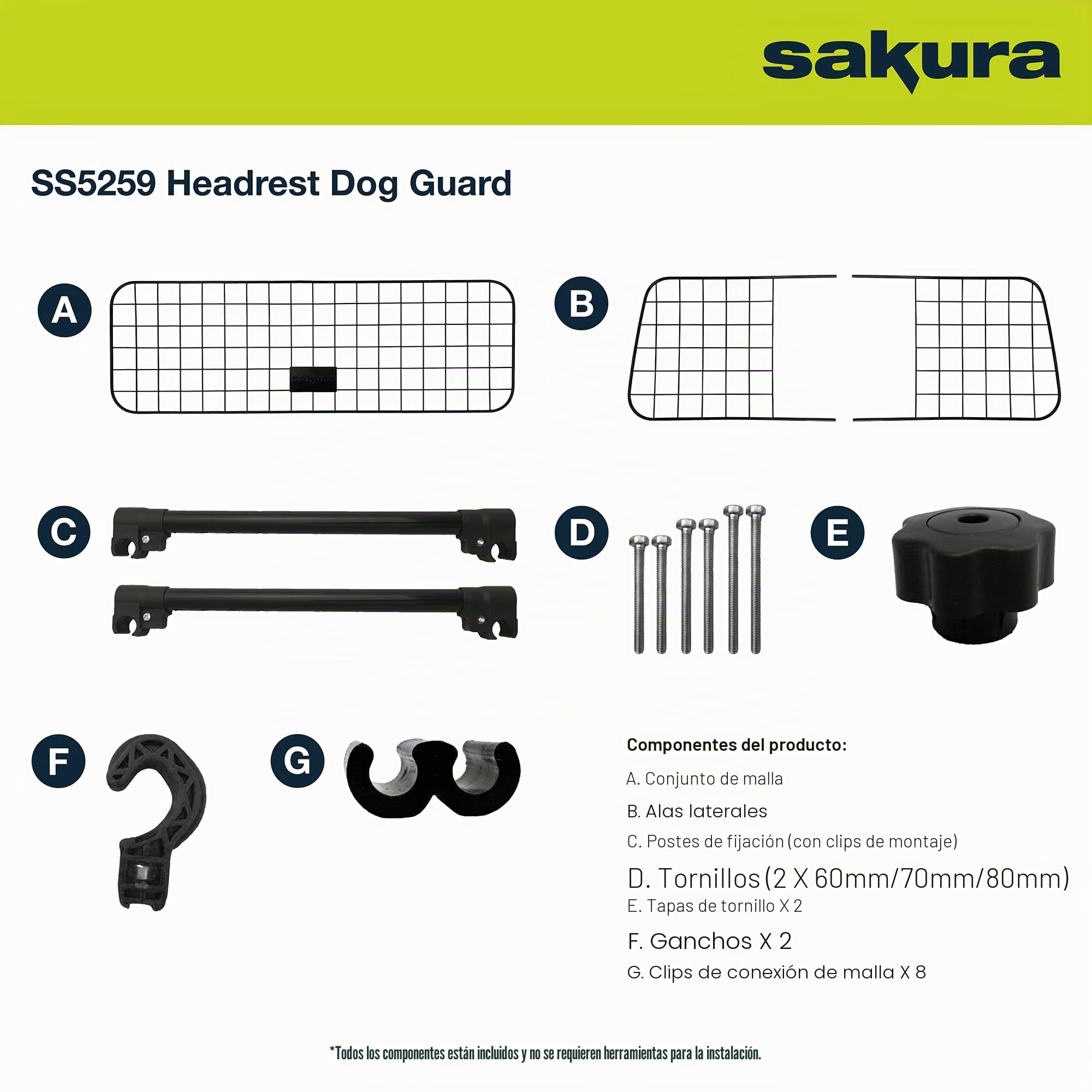 Sakura SS5259 - Barrera Protectora de Coche para Perros, para Reposacabezas, Colocación Sencilla en la Mayoría de Vehículos, Altura y Anchura Ajustable, sin Necesidad de Herramientas