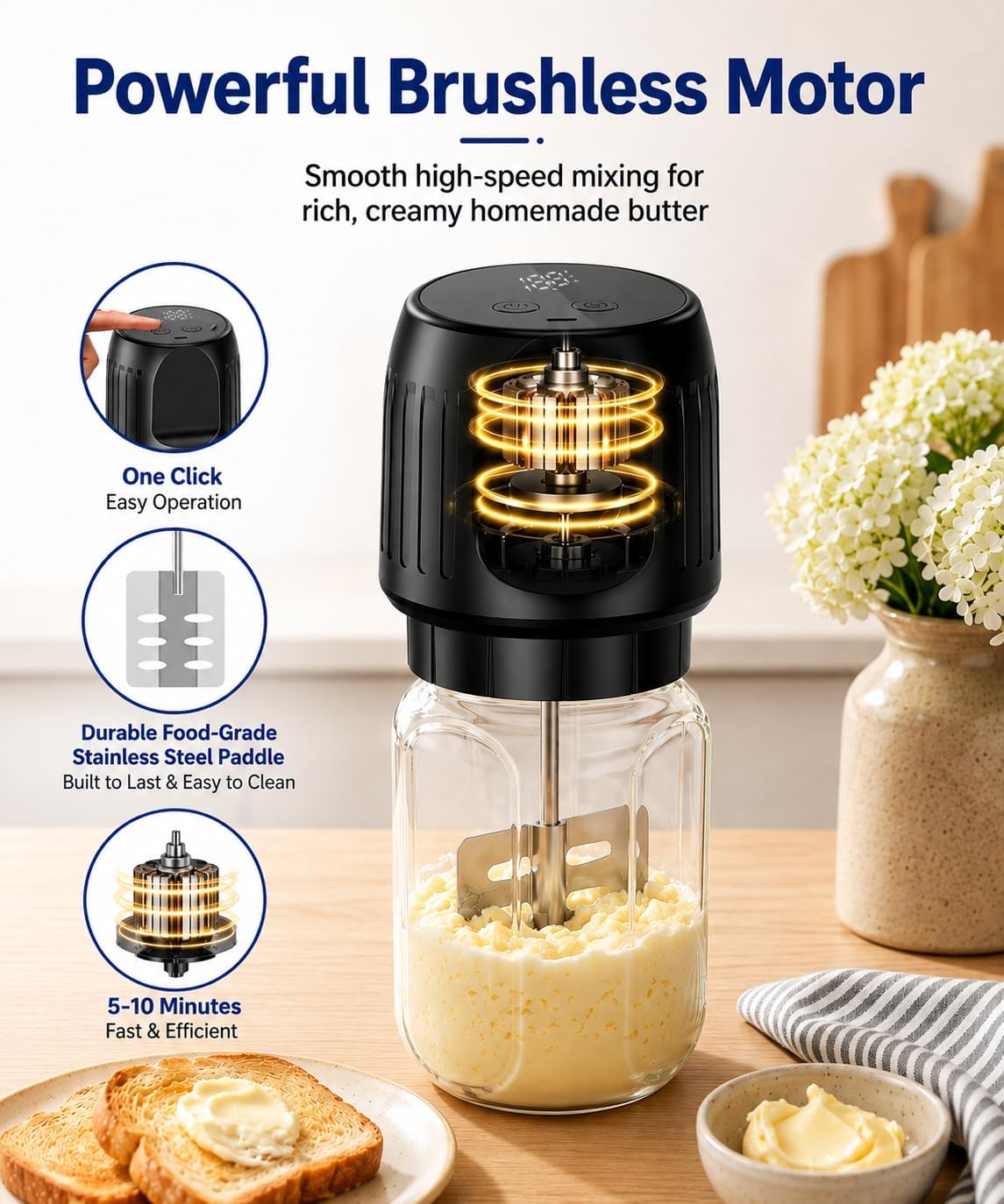 Electric Butter Churner, 3000mah Battery Cordless Butter Maker Mixer