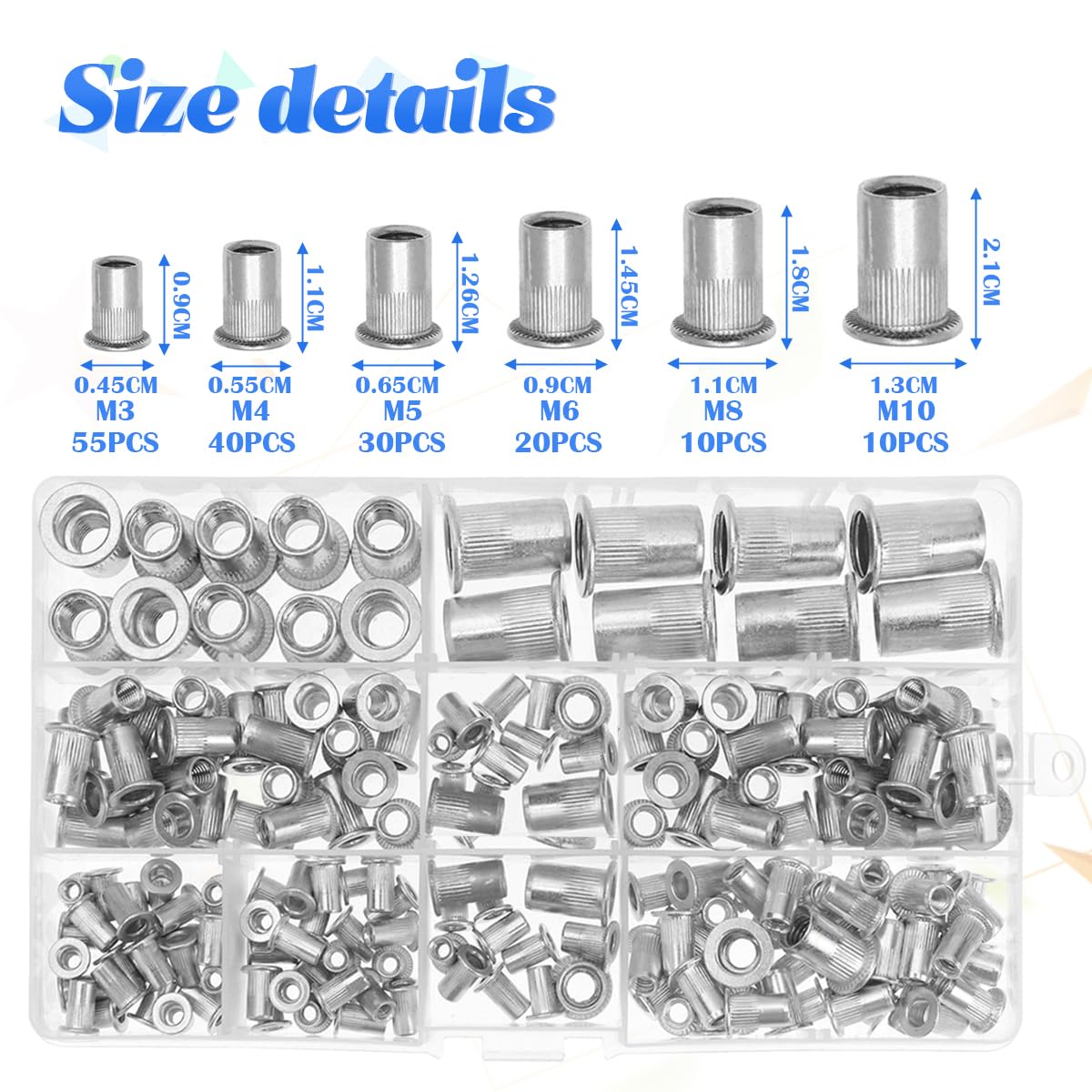 JNNJ 165 Pezzi Kit Di Assortimento Di Dadi per Rivetti in Lega Di Alluminio, Assortimento Dadi Con Inserto Filettato a Testa Piatta Per Auto, Kit Assortimento Rivetti Metrici Dado Con Inserto Cieco