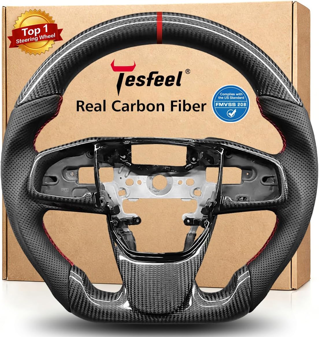 Real Carbon Fiber D-Shaped Steering Wheel,With Trim Replacement for Honda Civic 10th Gen 2016-2021 & Type R FK8, Hand-Stitched Perforated Leather,Non-Heated