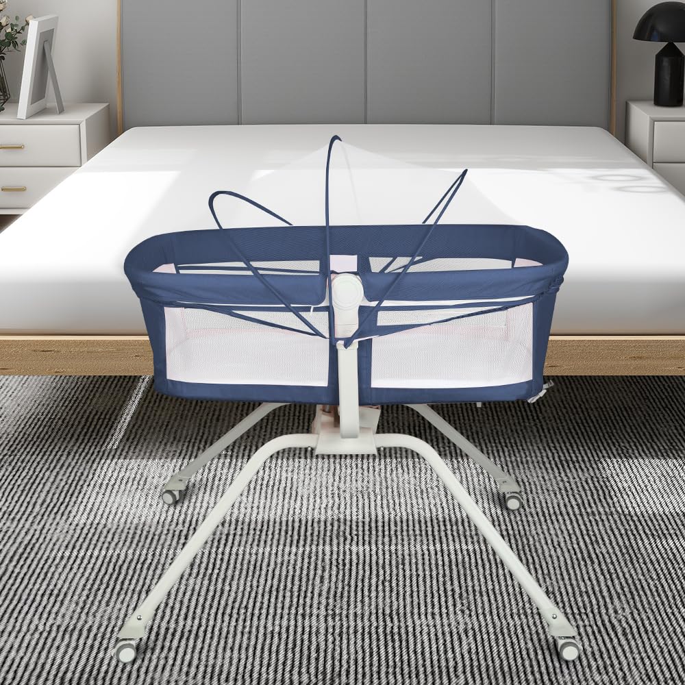 homewell 2 in 1 Babybett & Babywiege, Kinderreisebett, Stubenwagen Baby mit Moskitonetz, Reisebett für Babys, von 0 bis 9 kg, schnelle Montage (Marineblau)