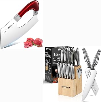 ROCOCO The 15 PCS Kitchen Block Knife Set and Effort Saving Kitchen Knife Red Set for Cutting Ribs Roasts Fruits Veggies Multipurpose Kitchen Knives for BBQ Birthday Thanksgiving Christmas Gift Ideal