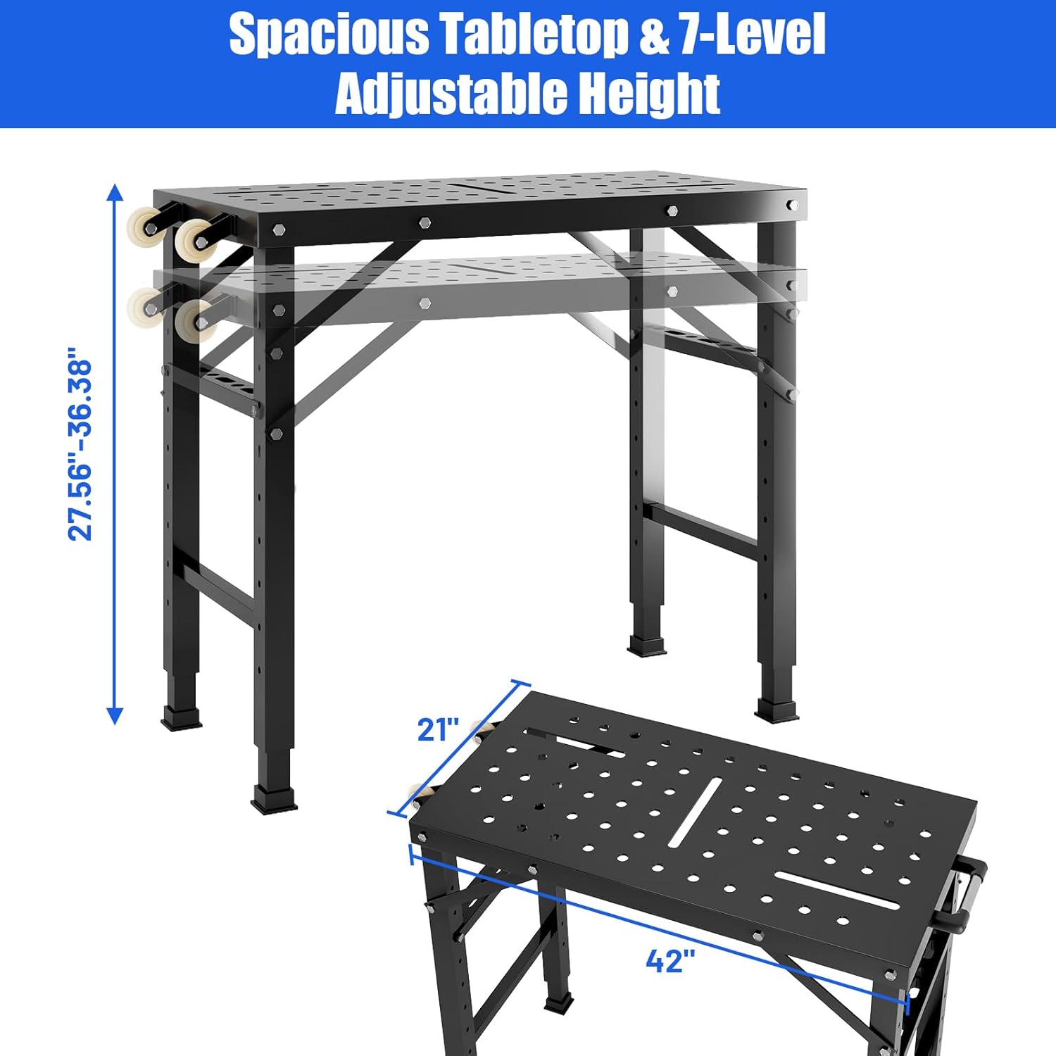 Portable Folding Welding Table w/Wheels & Handle, 42" x 21" Tabletop, 7-Level Height Adjustable, 1000lbs Load Capacity Heavy Duty Fabrication Steel Workbench for Garage, 0.79" Fixture Holes