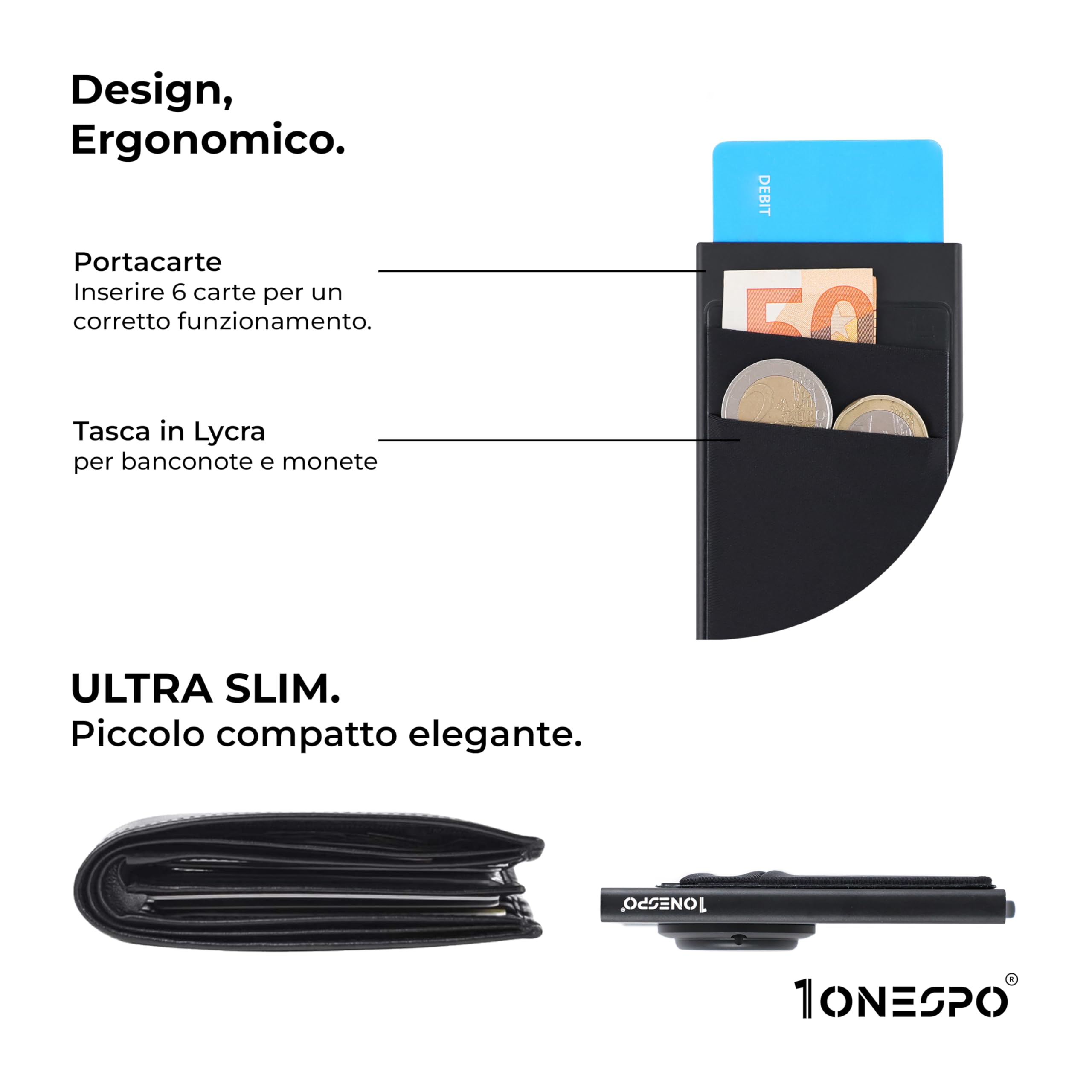 1onespo ULTRASLIM Porta carte di credito uomo - Portafoglio Airtag- Porta tessere e documenti - Portacarte protezione RFID, Nero