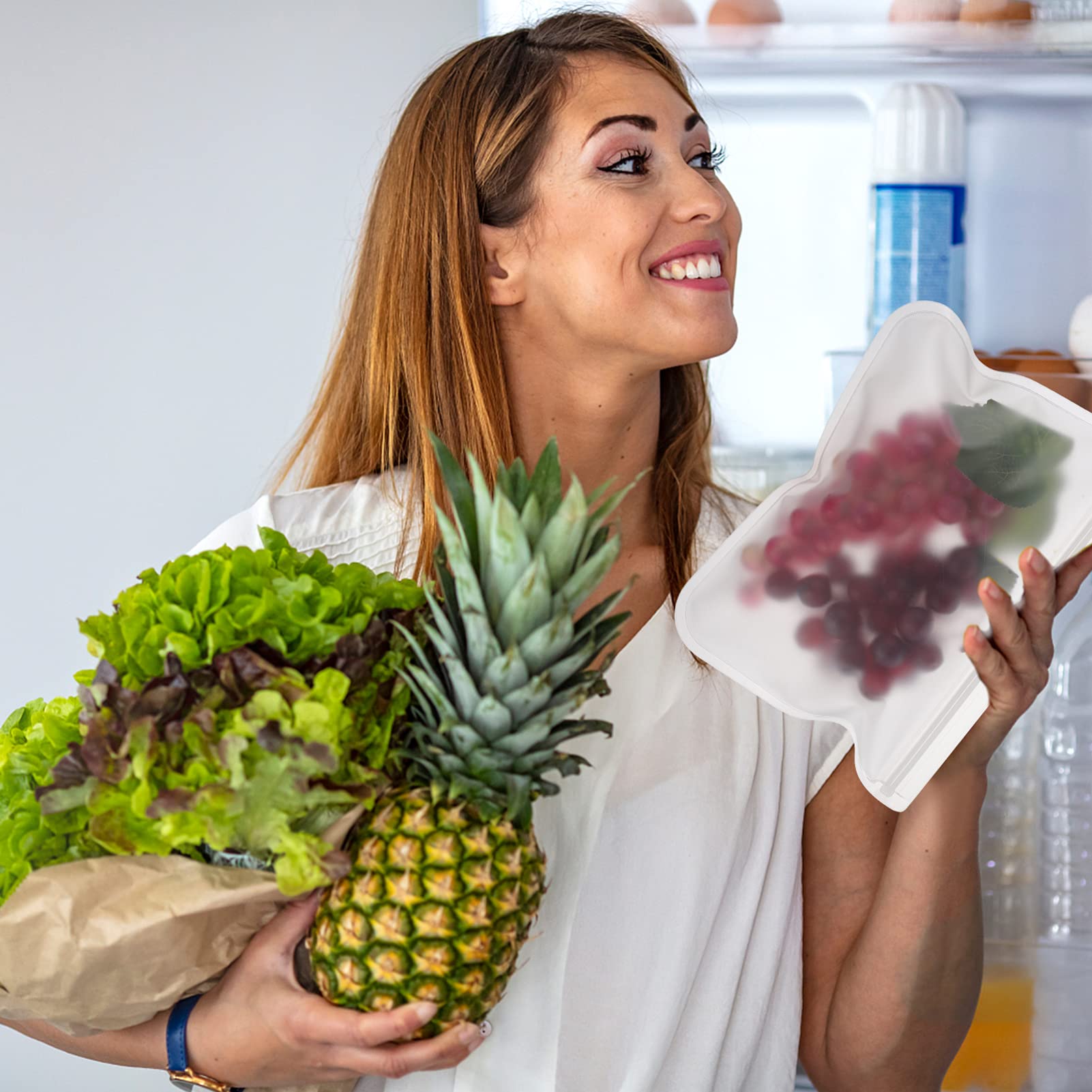 Cabilock 10 Sacchetti Riutilizzabili per Alimenti Impermeabili e Sigillati per Carne Frutta e Snacks Confezione da 10 Pezzi per Conservazione in Frigorifero